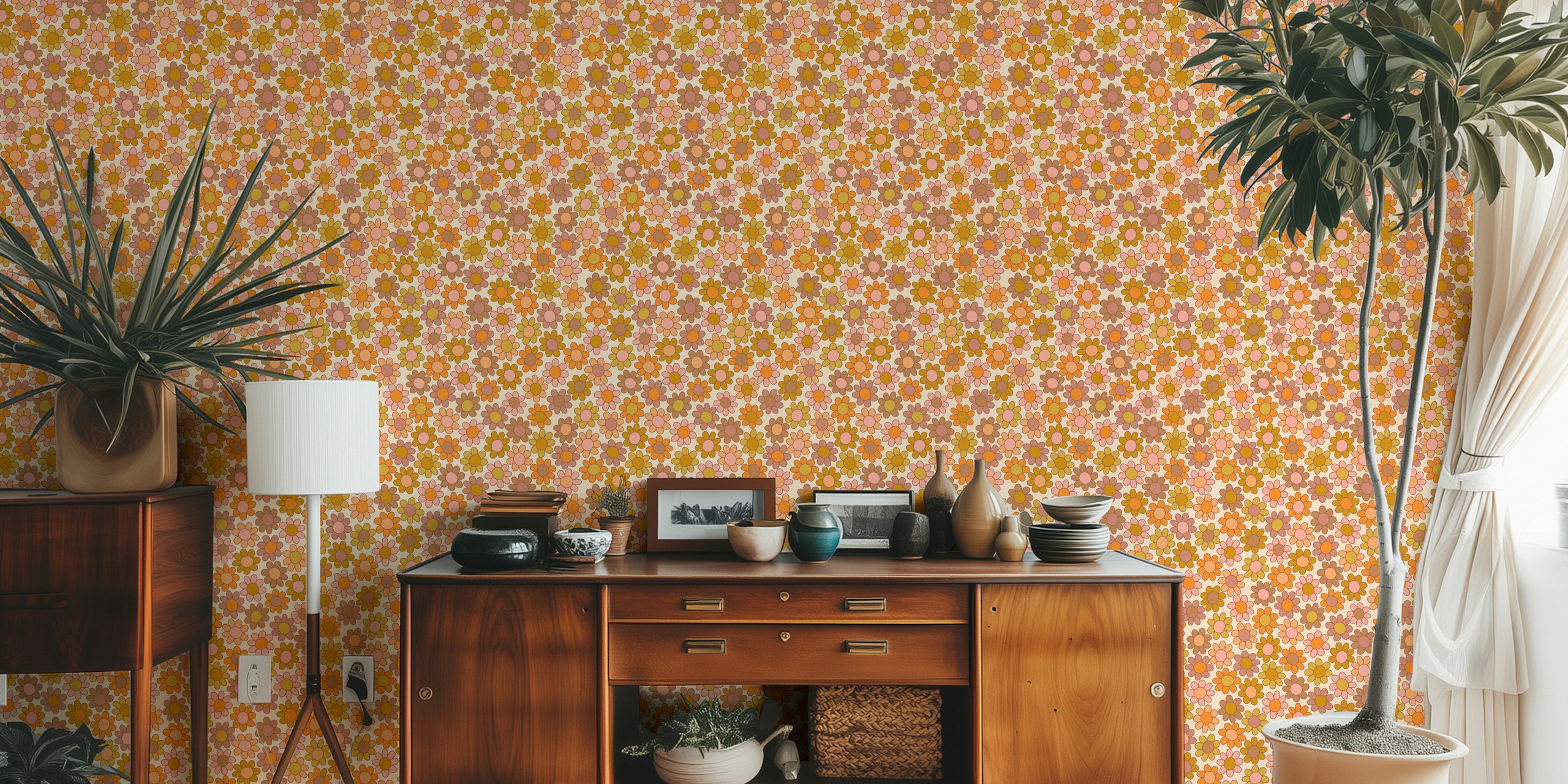 Retro florals 8 wallpaper in a room