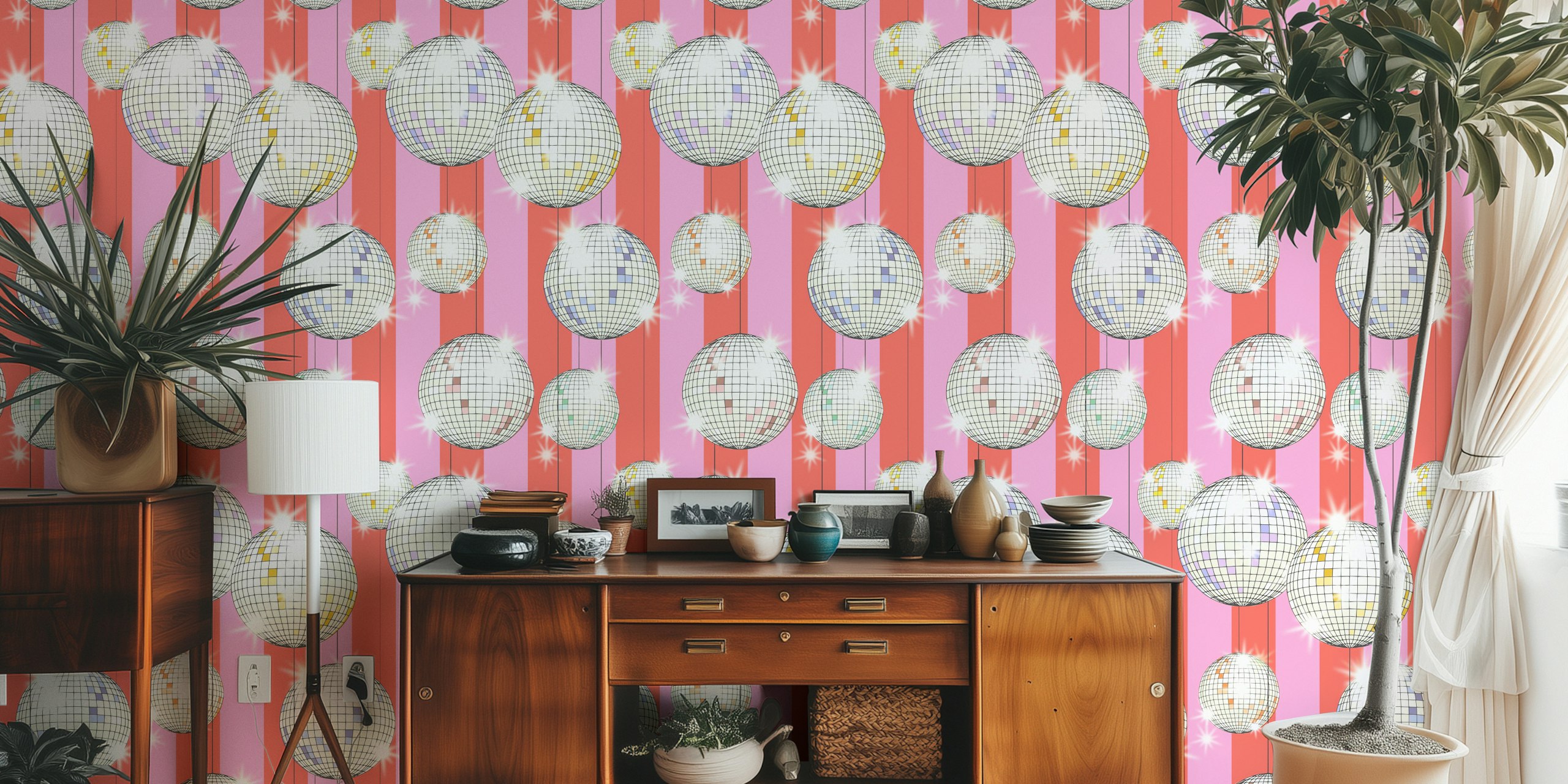 Pink striped wallpaper featuring disco balls in shiny silver