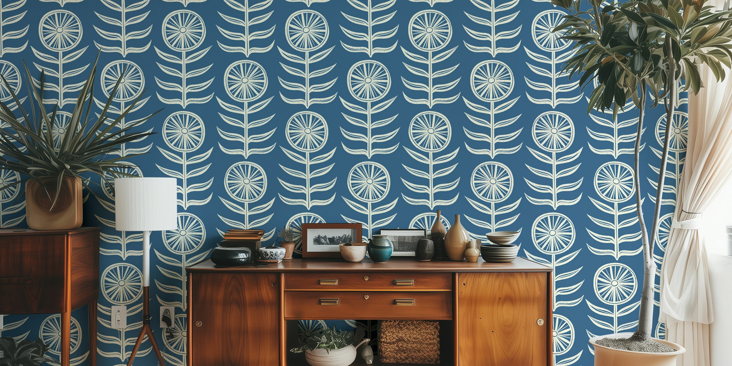 Blue floral boho geo wallpaper in a room