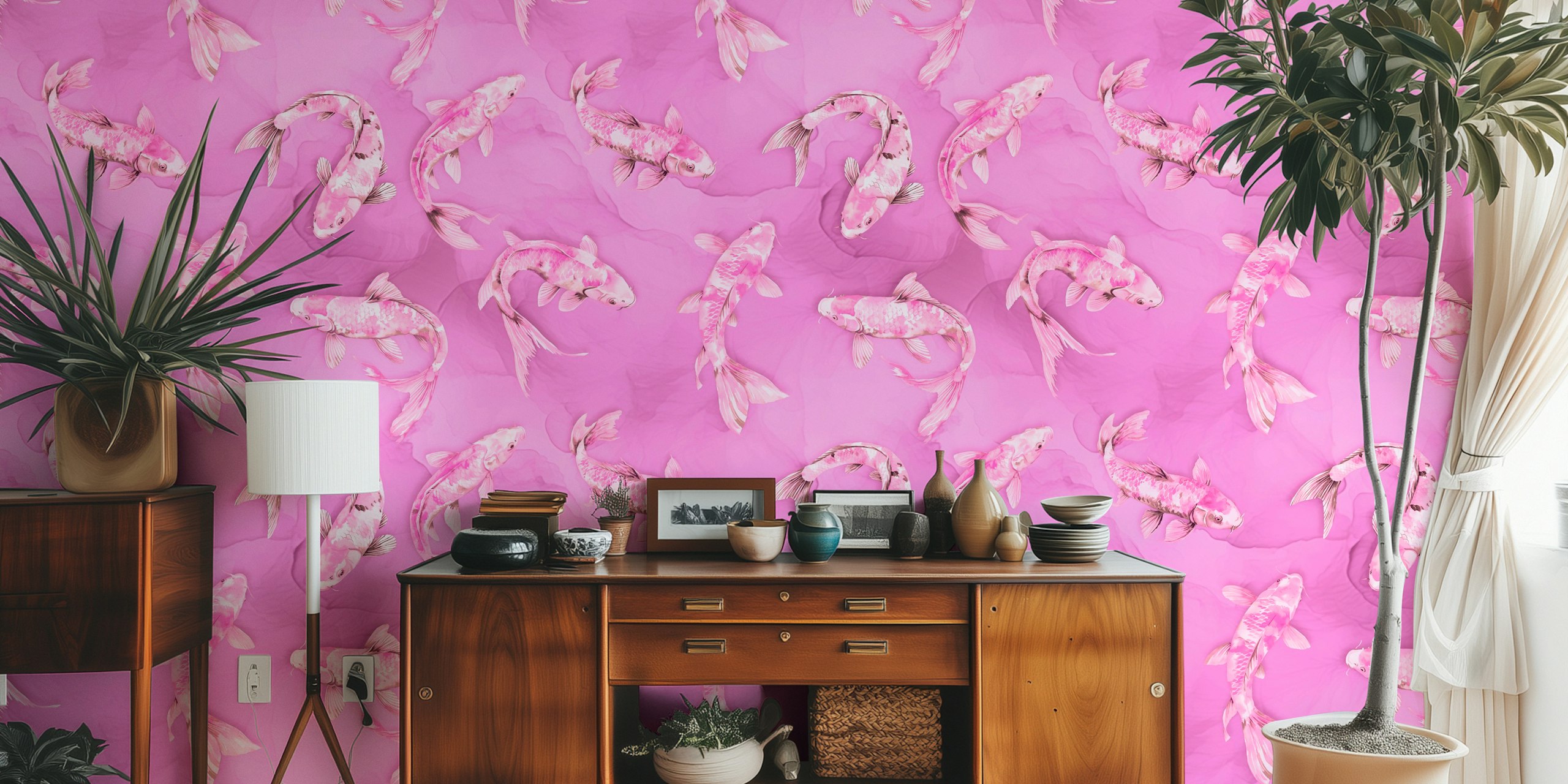 Floating Koi Fish Asia Inspired Pattern Pink in una stanza