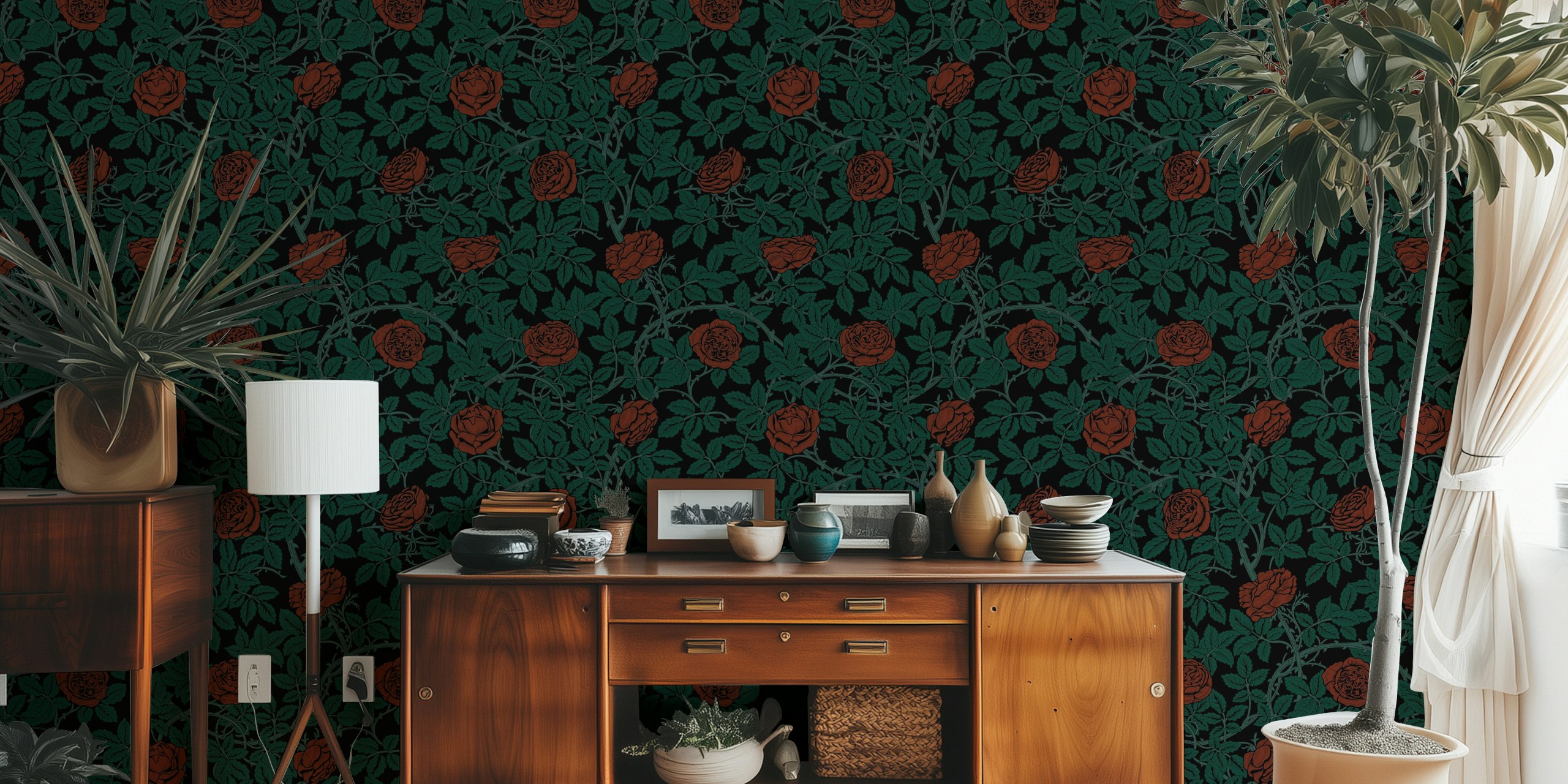 Dark Victorian Red Rambling Roses wallpaper design