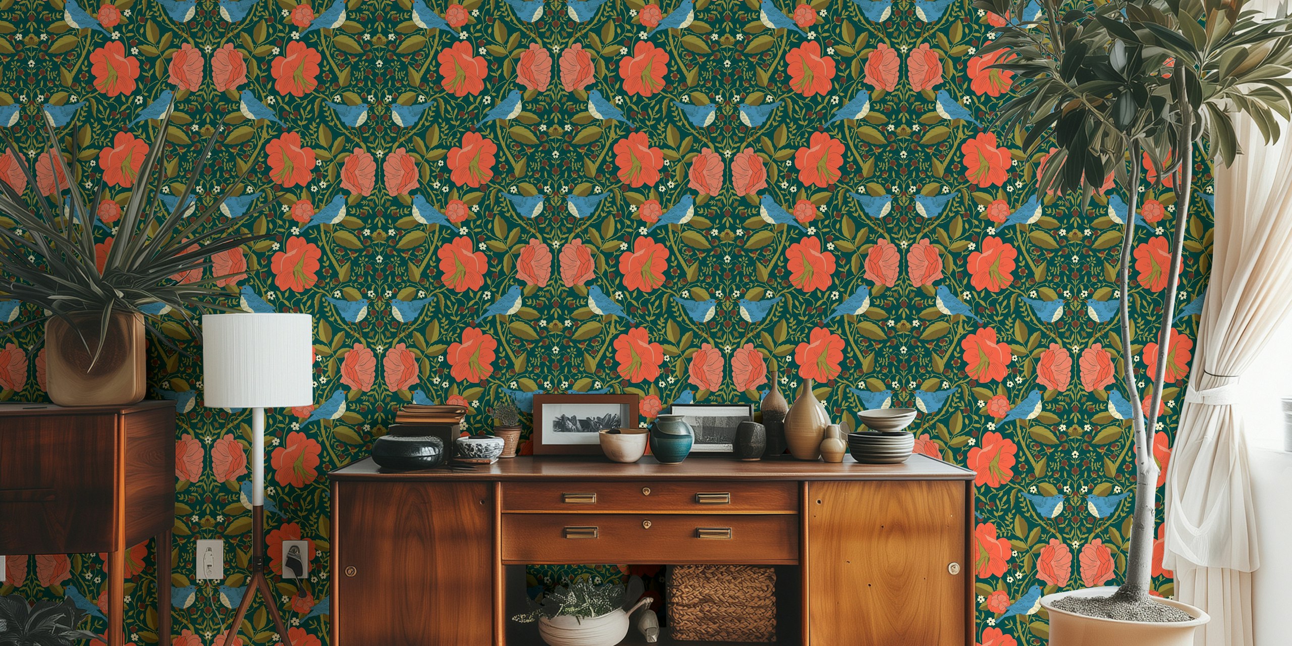 Floral wallpaper featuring blue birds and red flowers on a green background