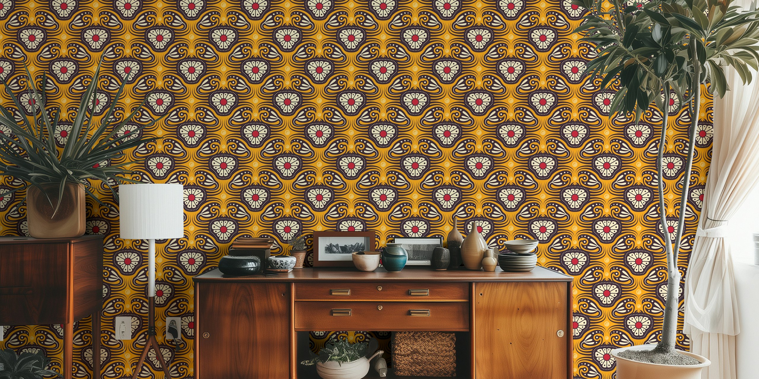 Vintage retro crab floral wallpaper displayed in a room
