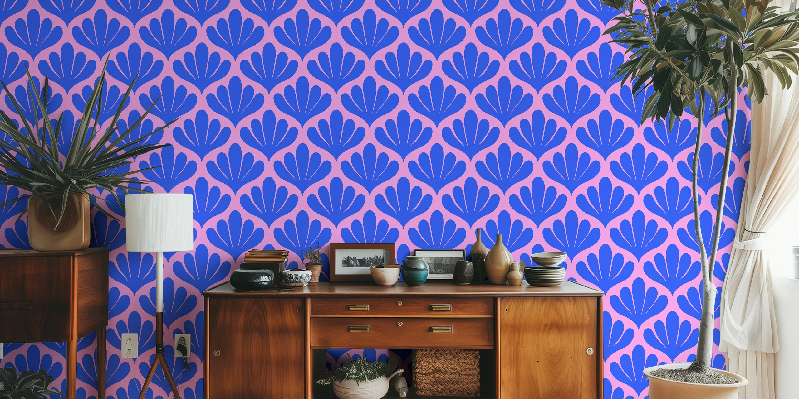 Stylized blue botanical damask pattern on pink background wallpaper