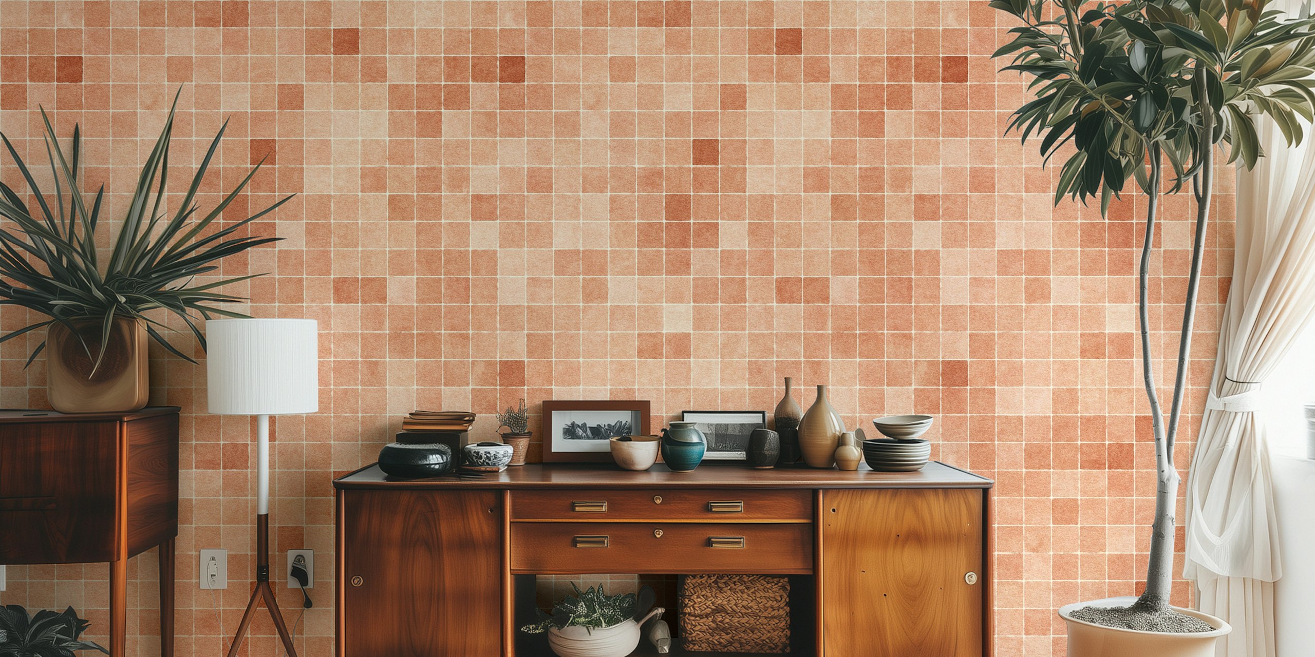 Peach mosaic tiles pattern with varying shades wallpaper