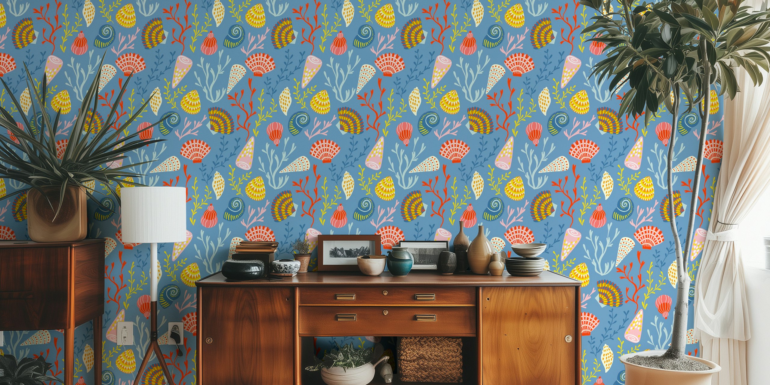 colorful seashells and corals on a blue background wallpaper