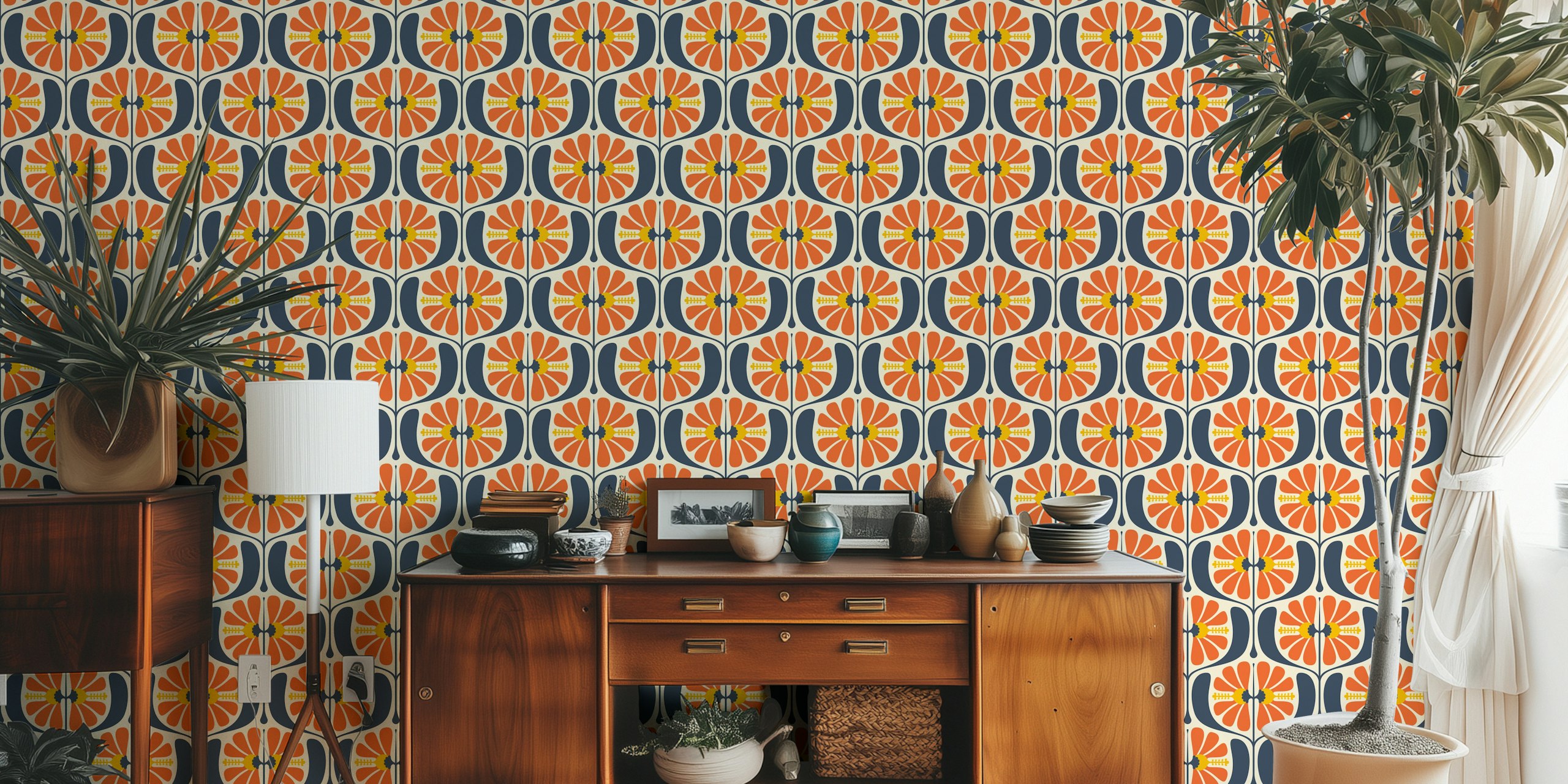 KF 0241 E - Vintage Retro Floral tapetti tyylikkäässä huoneessa