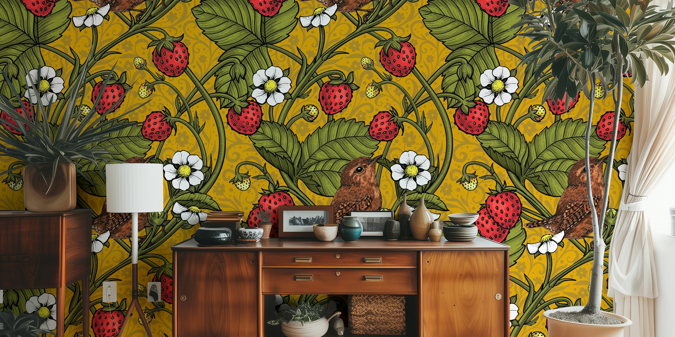 Wrens and strawberries wallpaper in una stanza