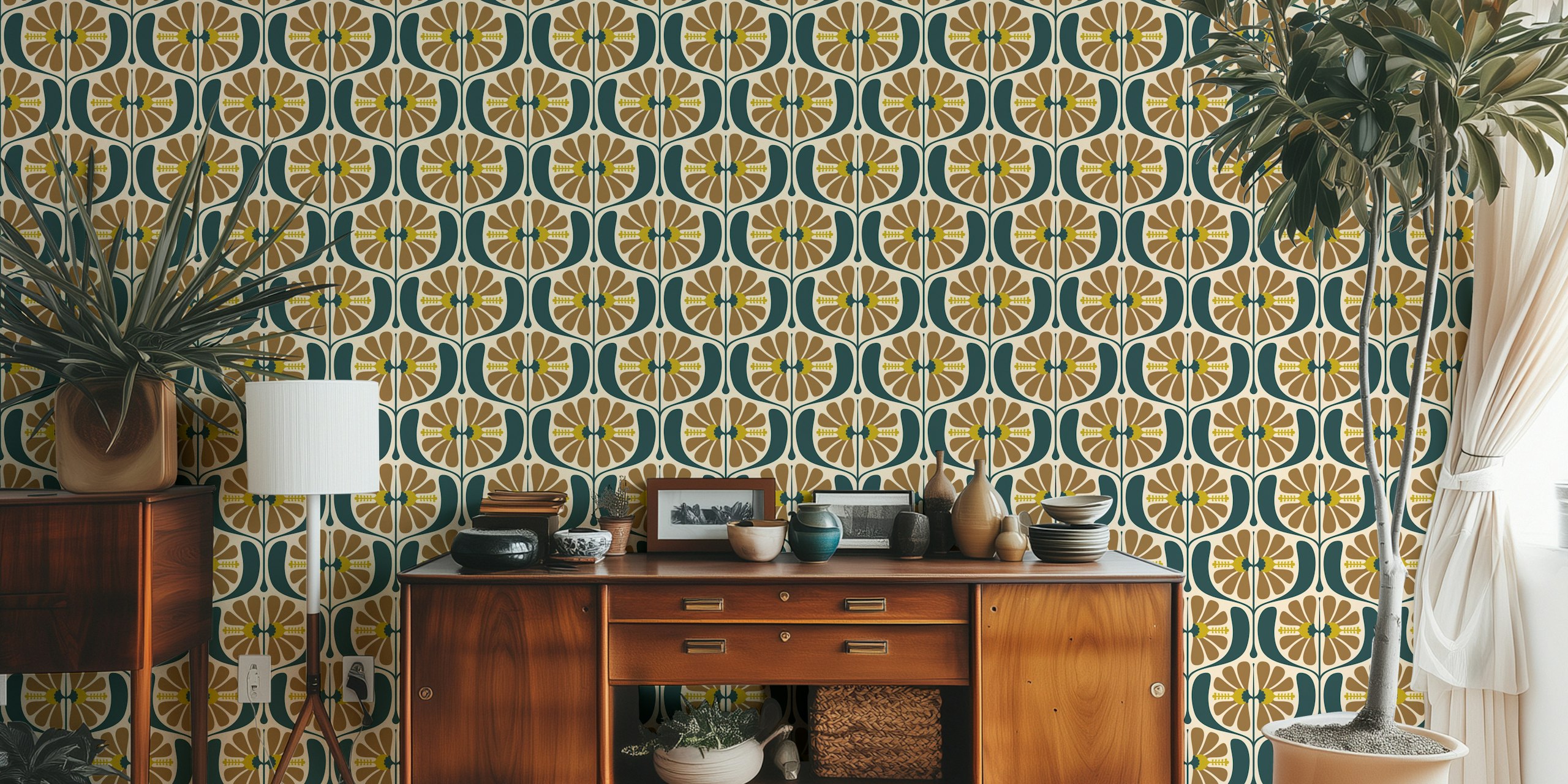 KF 0241 C - Vintage Retro Floral tapettisuunnittelu huoneessa