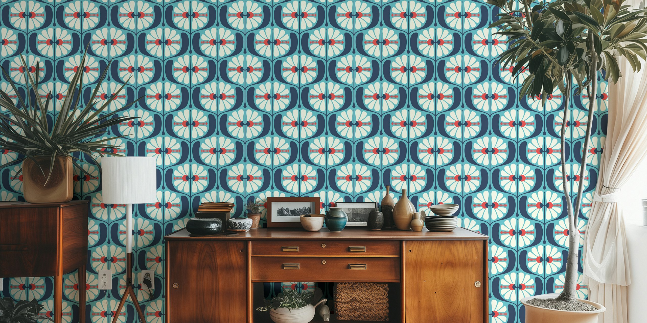 KF 0241 B - Vintage Retro Floral Tapete in einem Zimmer