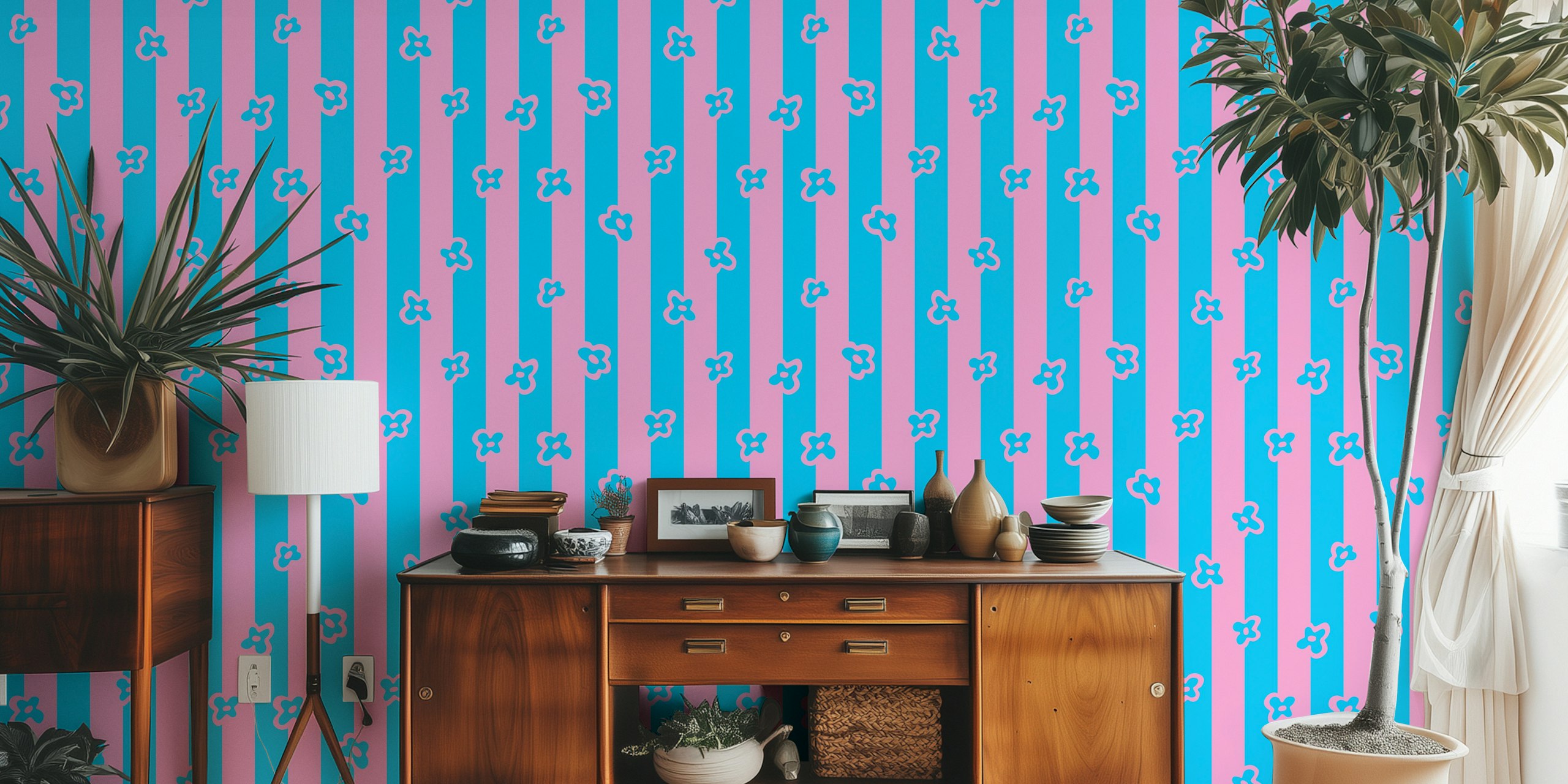 Retro floral pattern in pink and blue stripes wallpaper