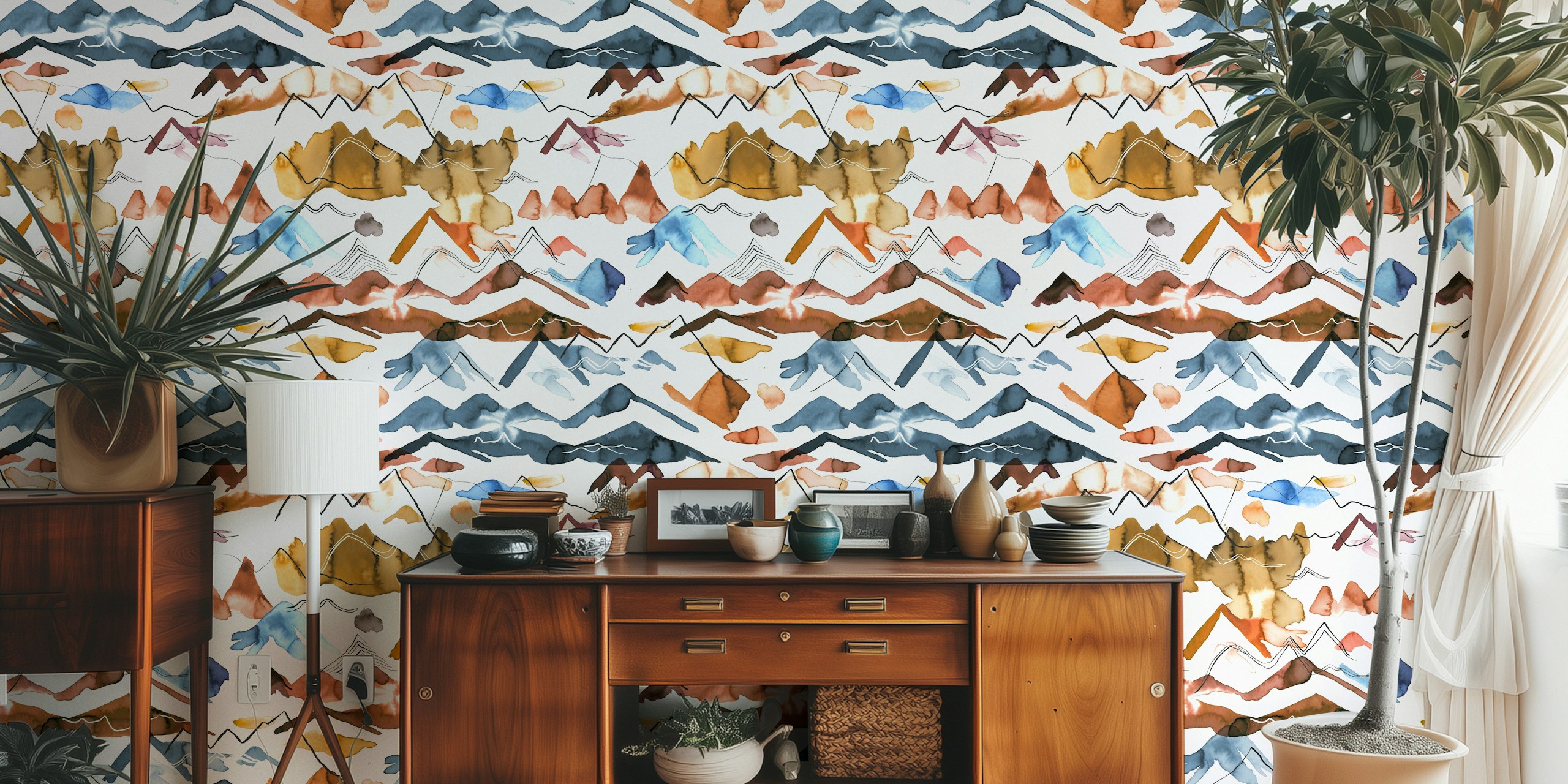 Watercolor wallpaper of western mountains in a room