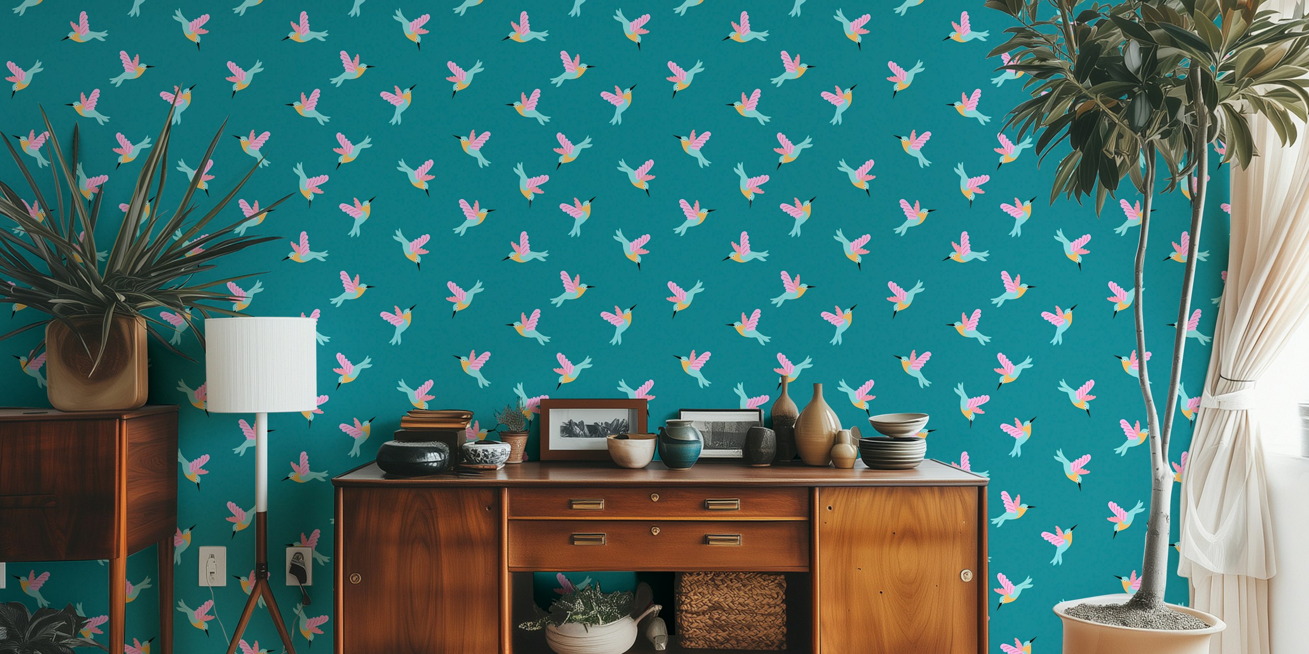 Wallpaper featuring hummingbirds on dark teal