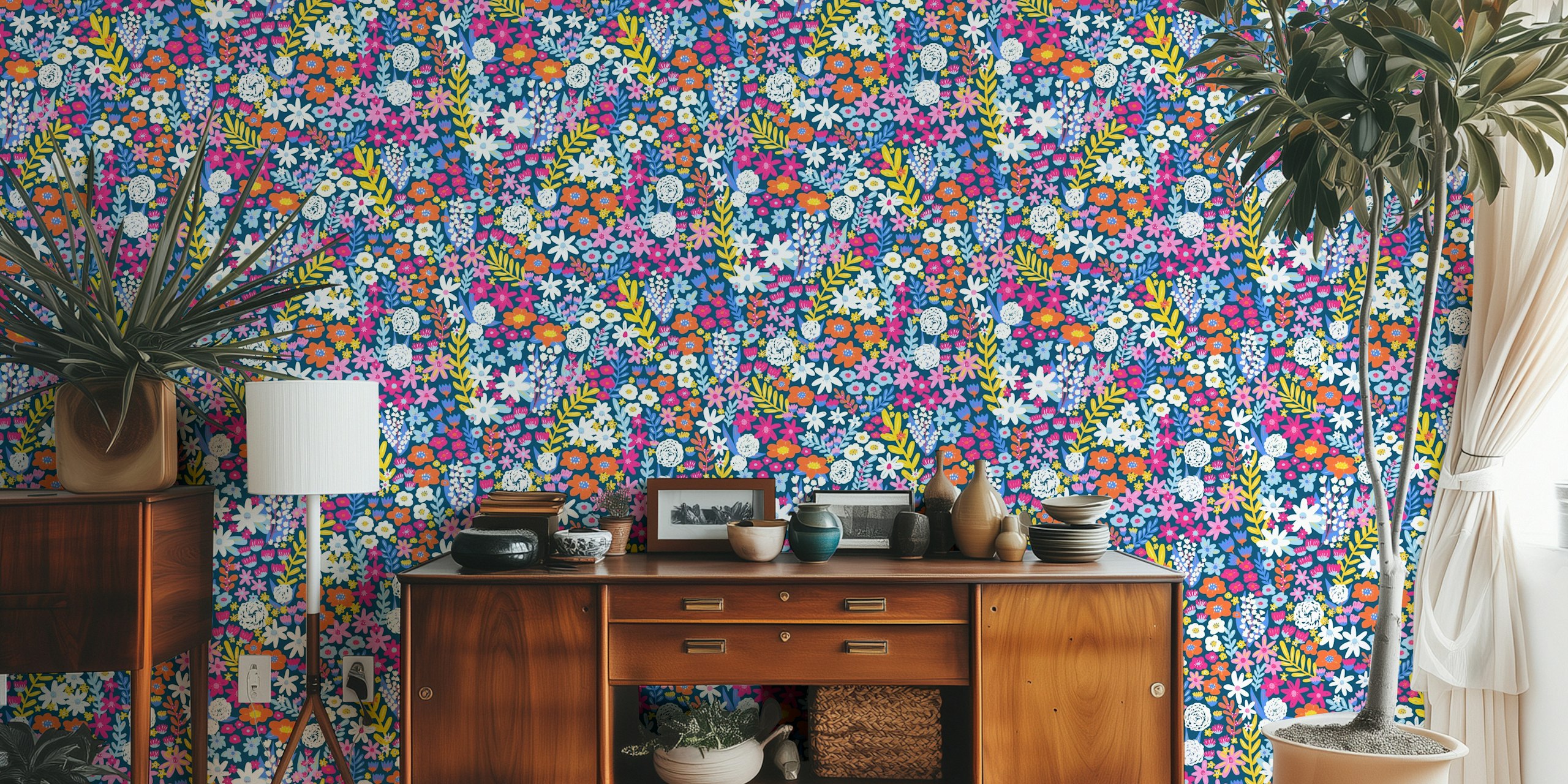 Fotomural colorido prado de flores silvestres con un vívido tema primaveral