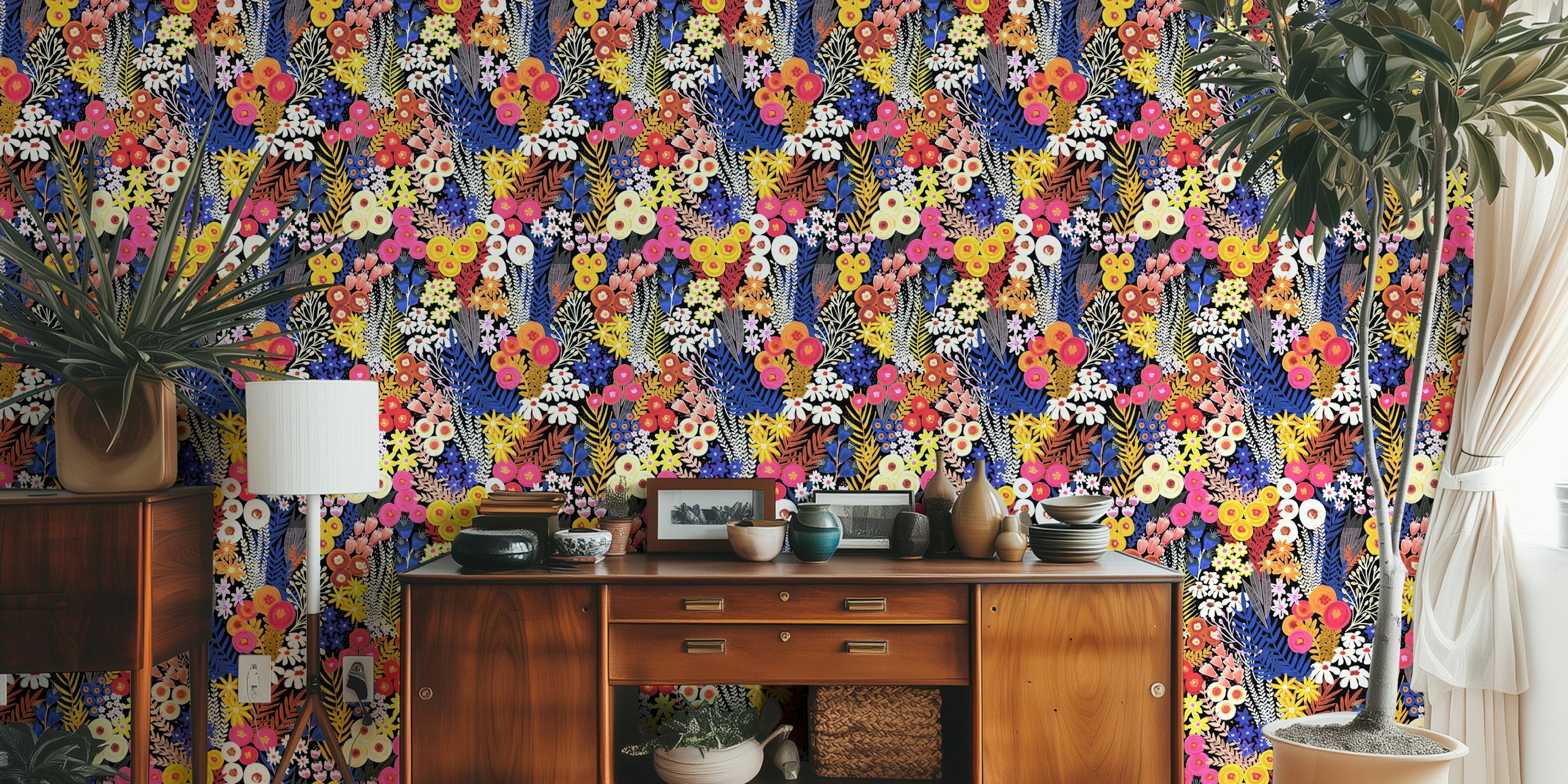Colorful floral pattern with pink, yellow, and blue flowers on black wallpaper