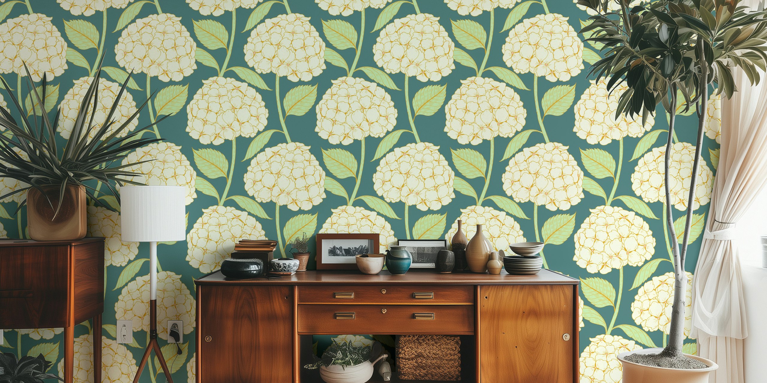 Elegant white hydrangeas with green leaves on a dark green background wall mural