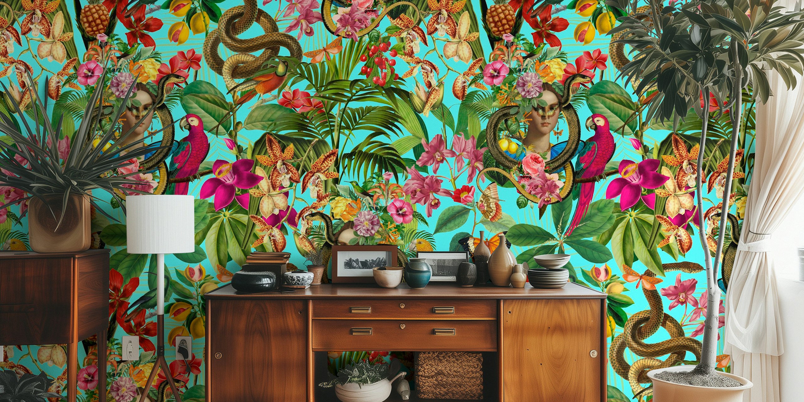 Snake Princess Magic Tropical Garden Teal wallpaper