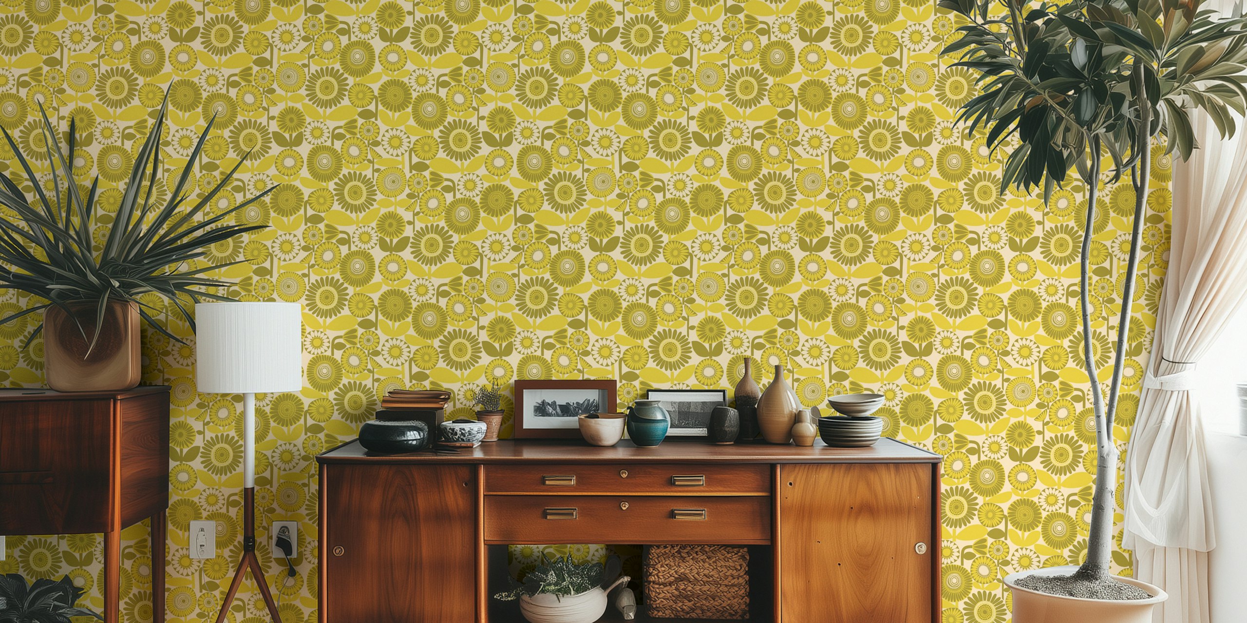 Mustard Scandi sunflower meadow wallpaper in a room