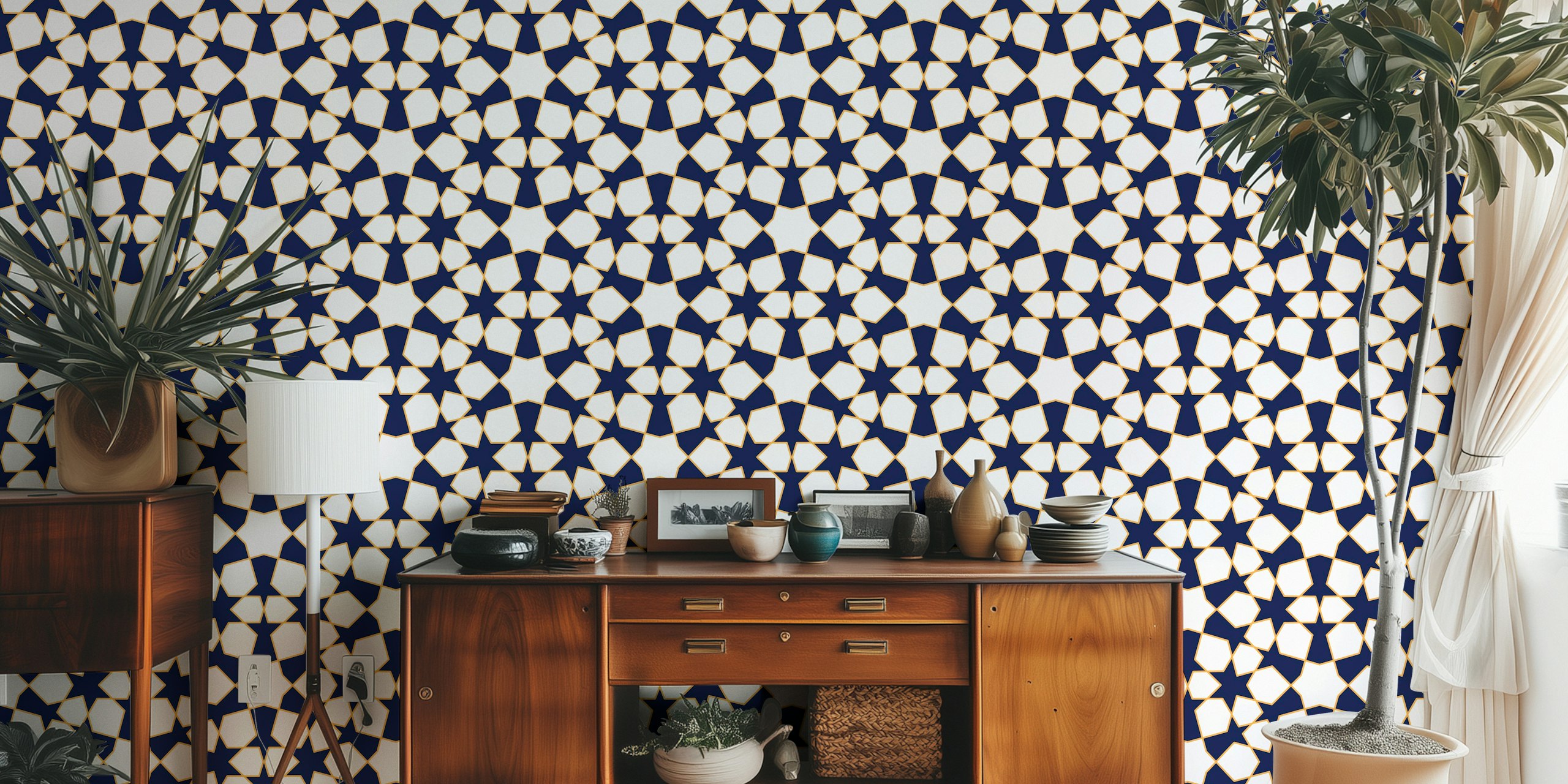 Amostra de papel de parede navy arabesque art style 9 navy smaller no quarto