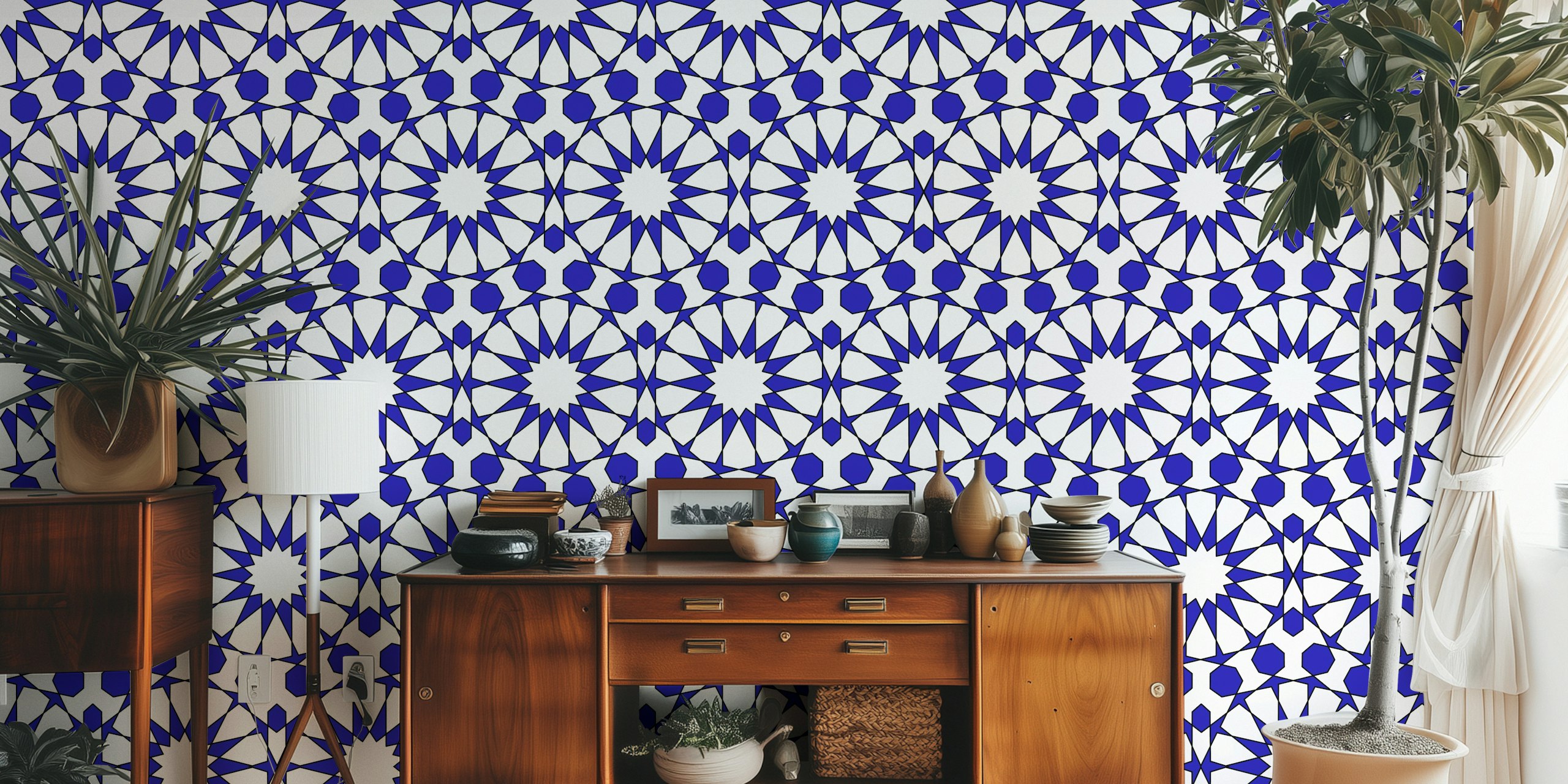 Navy arabesque pattern wallpaper in a room