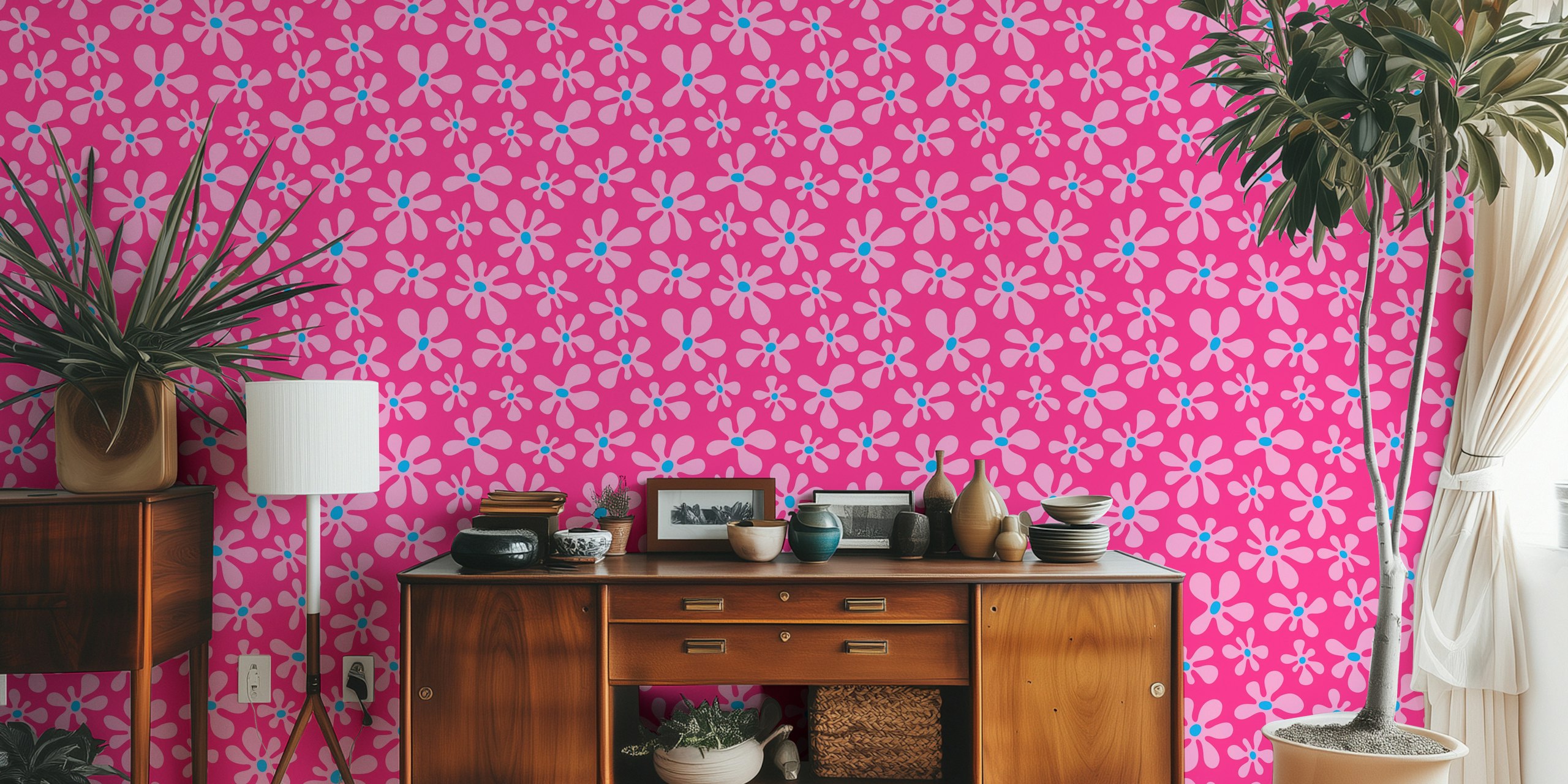 Mural de parede magenta com padrão retrô de margarida azul e rosa