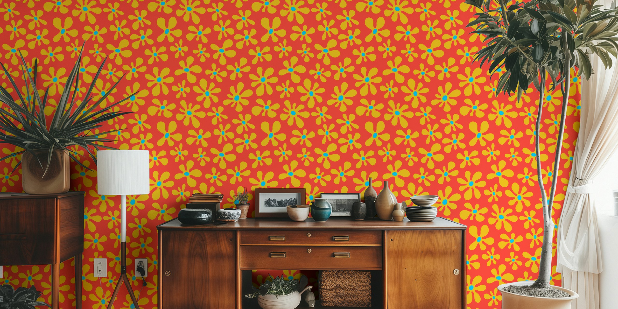 Daisy Delight Retro Mod Dopamine Floral Coral Tapet I Et Dekorert Rom