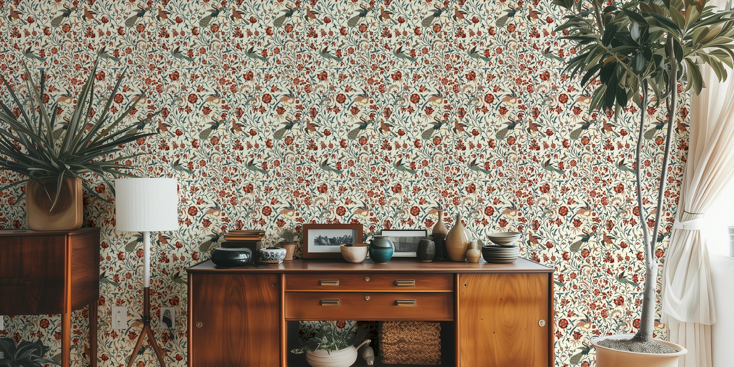 Floral pattern with peacocks in red, blue, and cream wallpaper