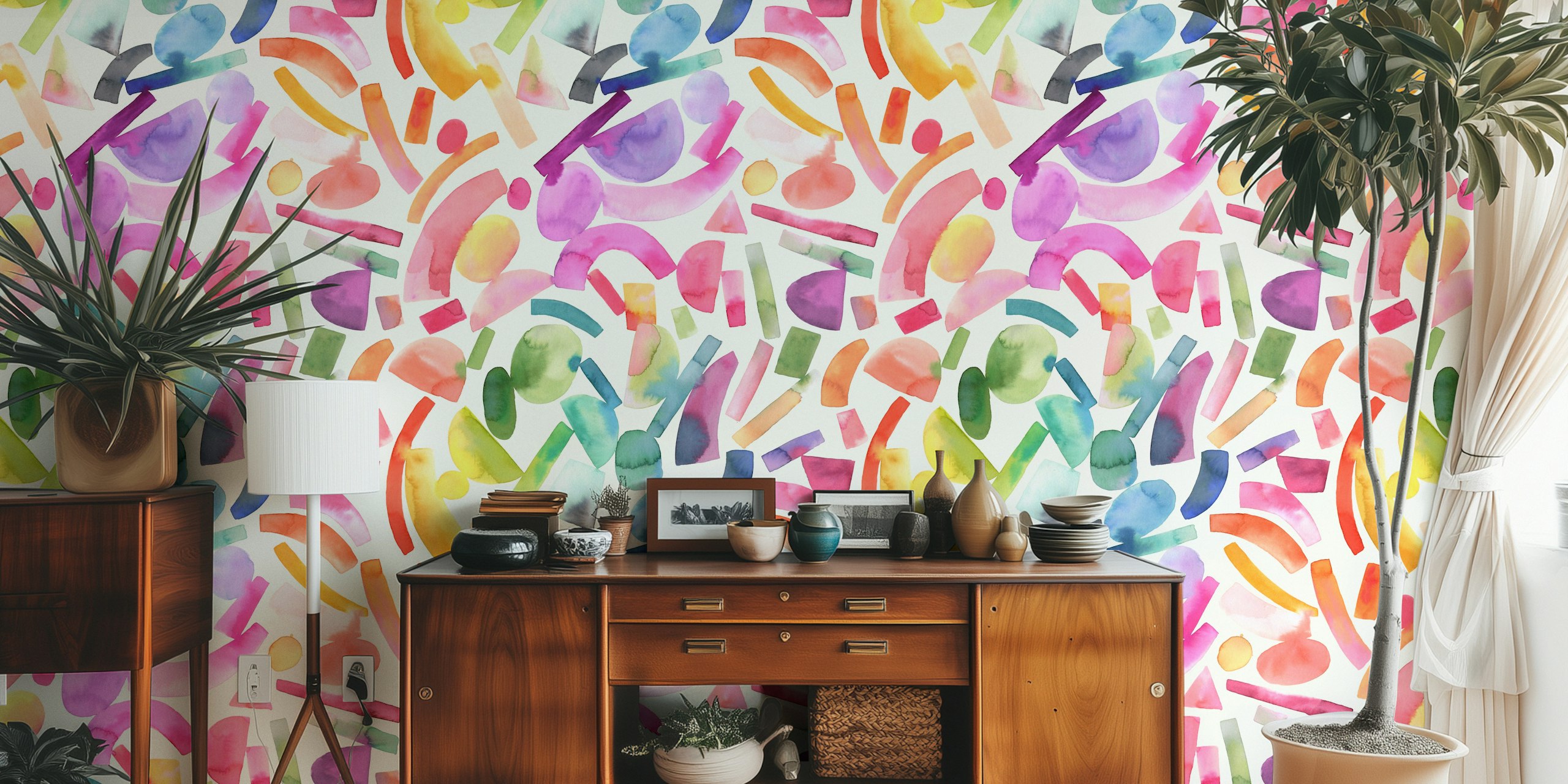 Colorful geometric shapes including pink, green, and blue pattern wallpaper