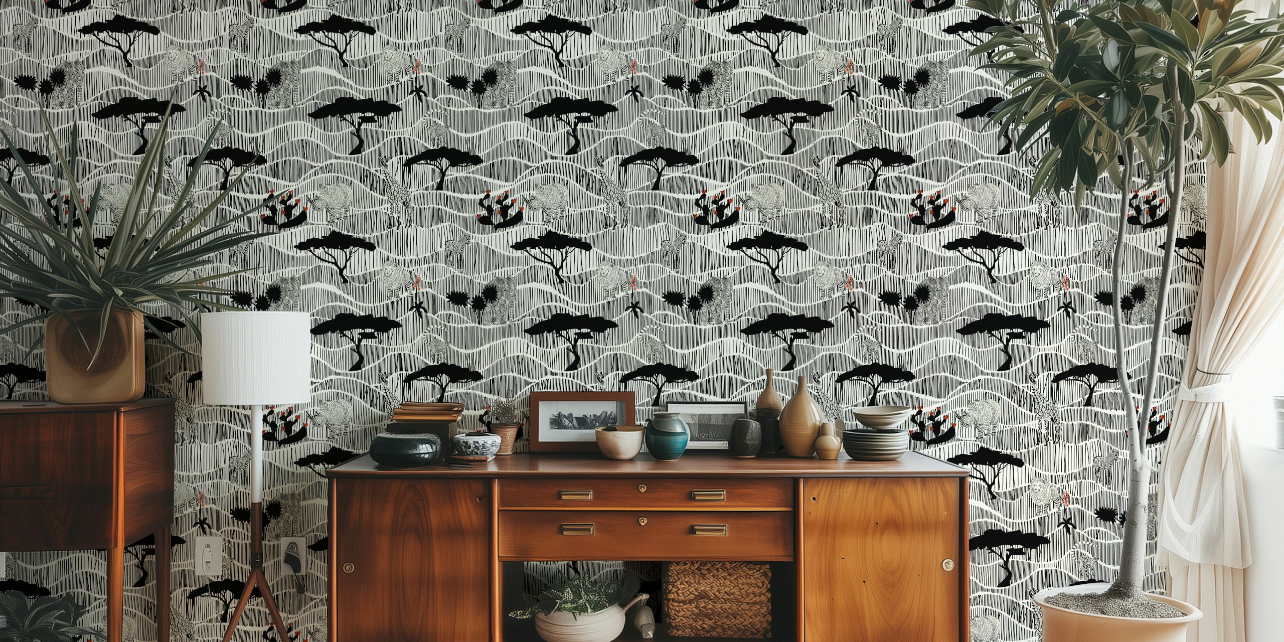Wildlife Safari Savannah papel de parede preto e branco
