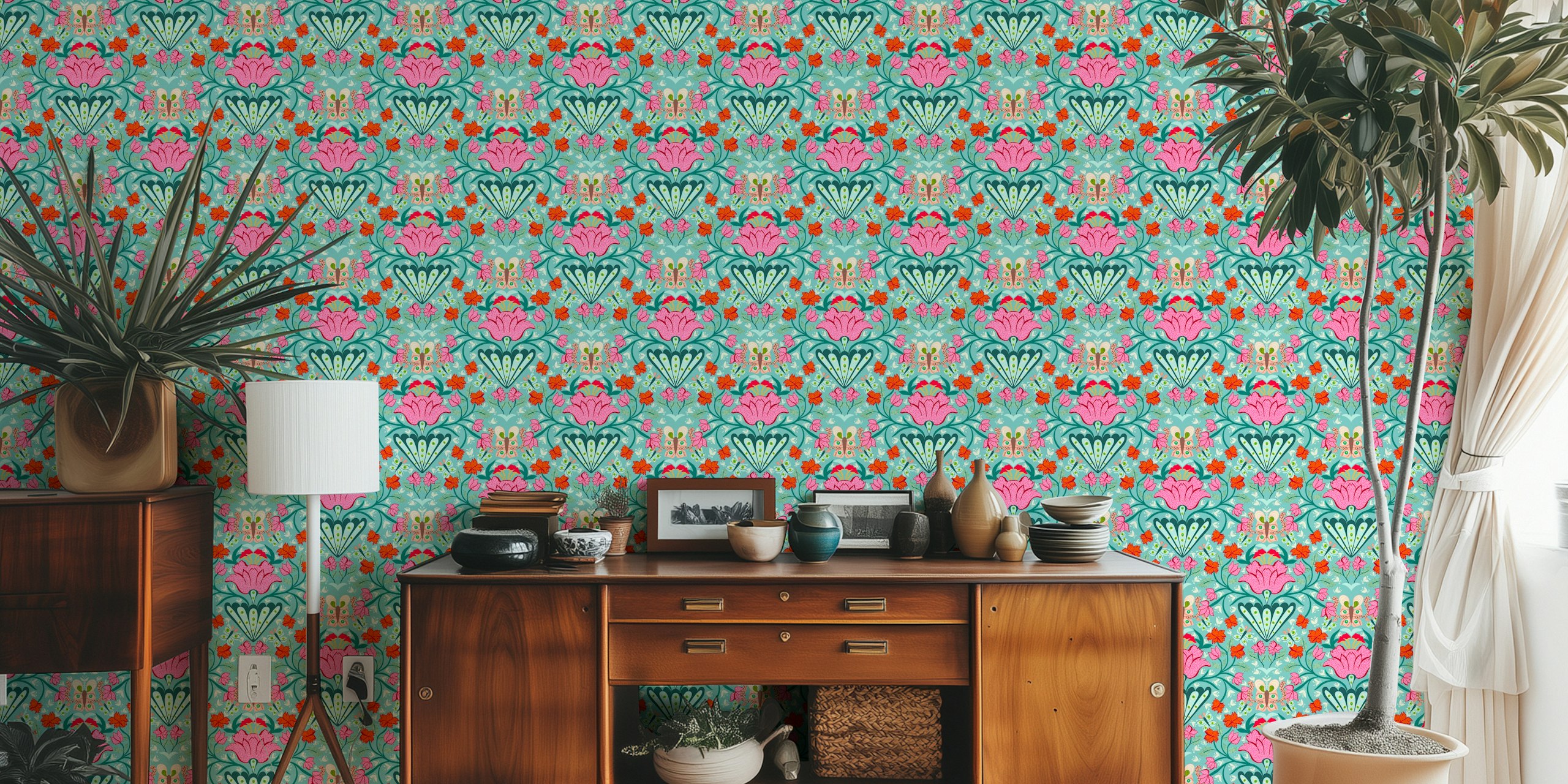 Surreal botanical garden wallpaper design