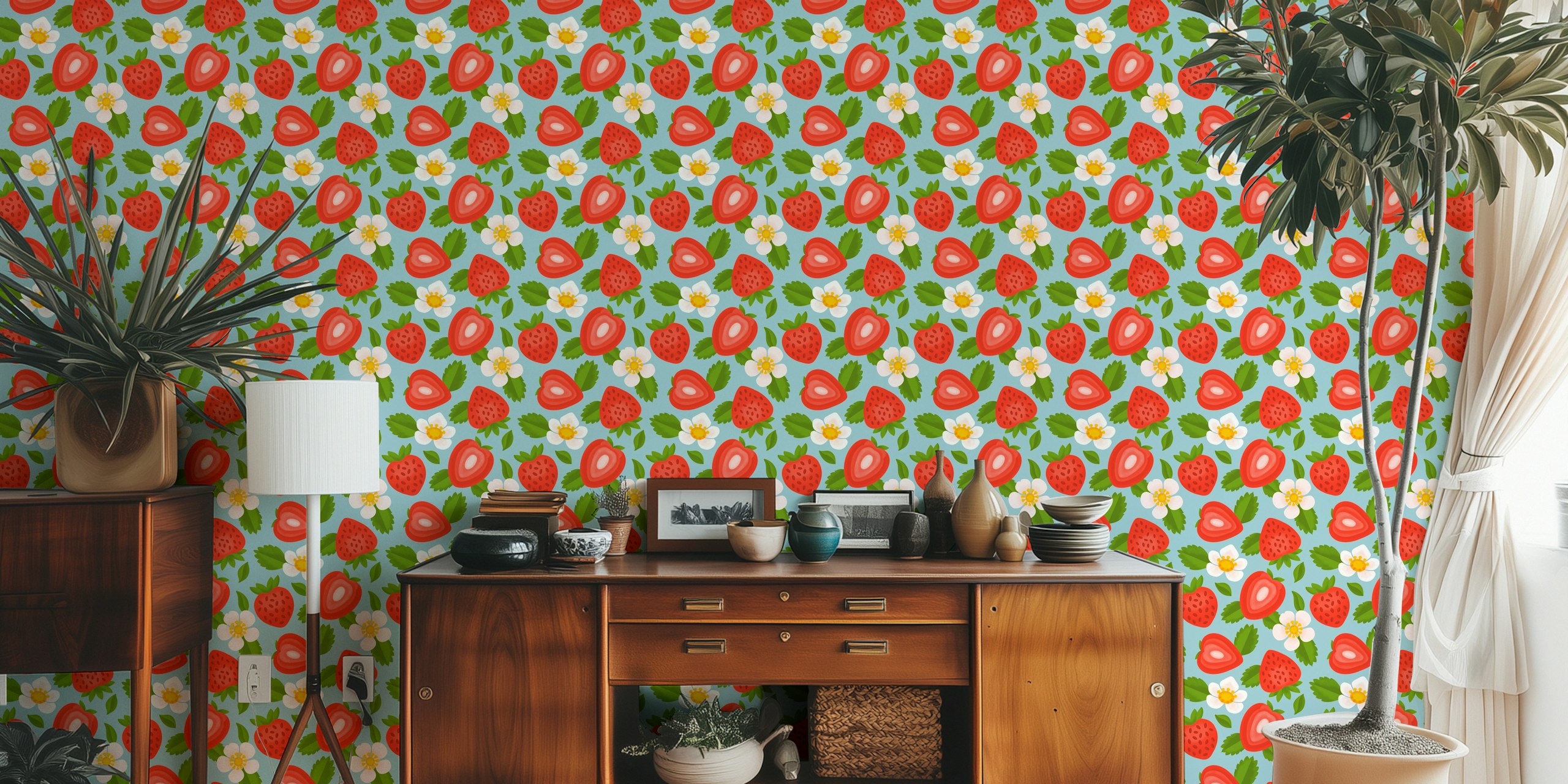 Fresh strawberry and flower pattern on sky blue wallpaper