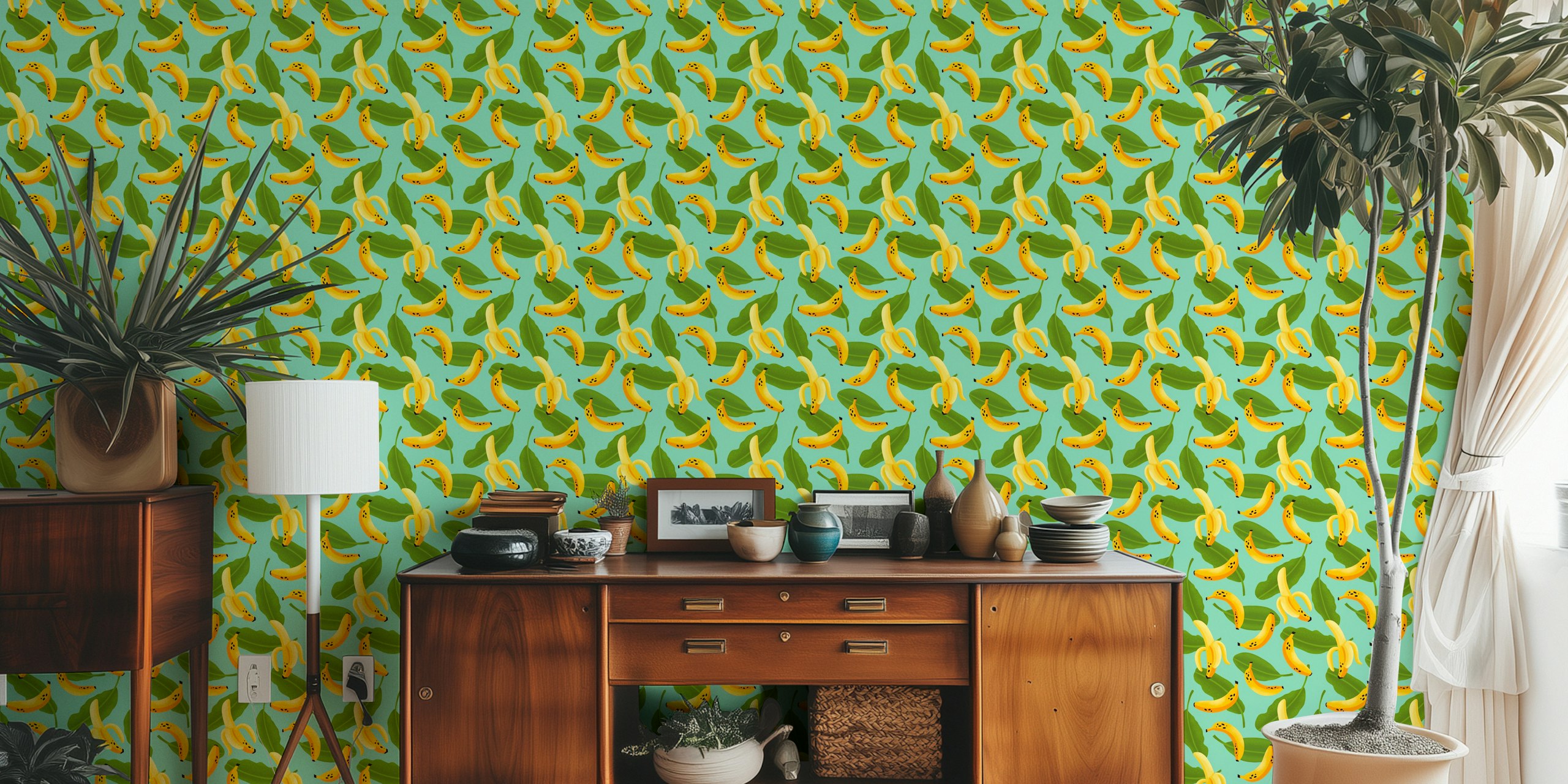 Banana Pattern on Aqua Blue in einem Zimmer