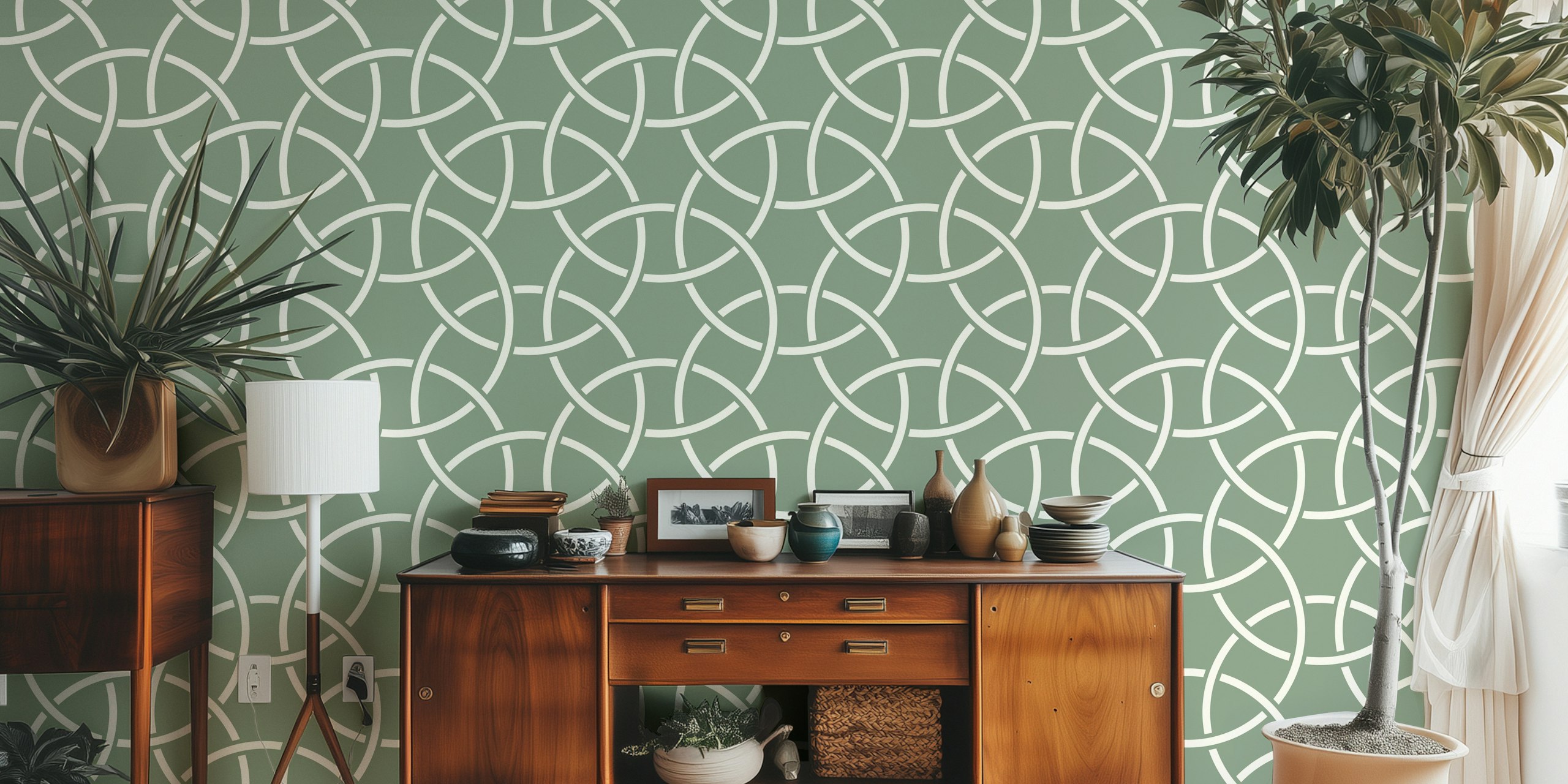 Green arabesque pattern with overlapping white lines wallpaper