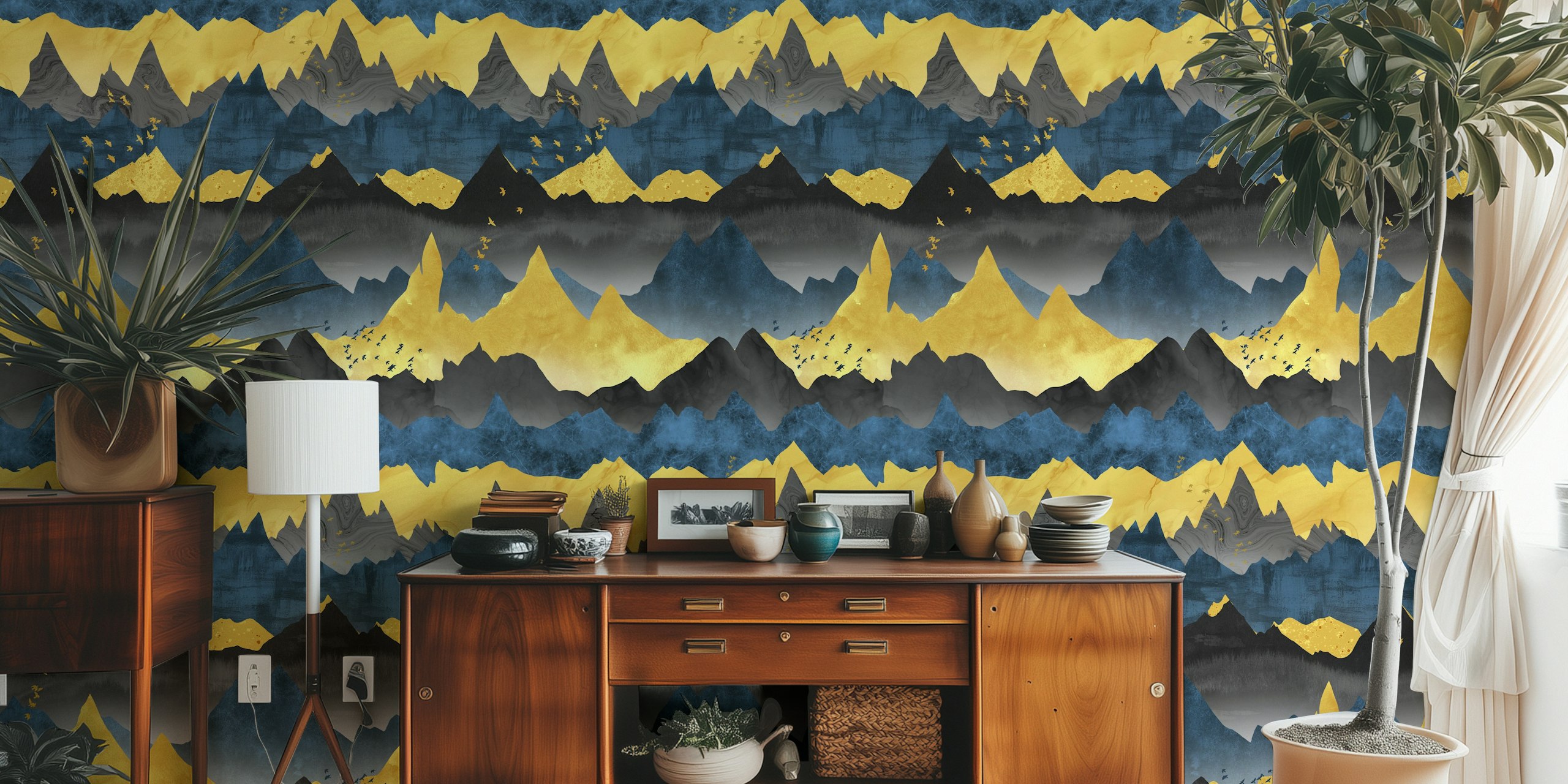 Blå og gyldne Mountains tapetdesign