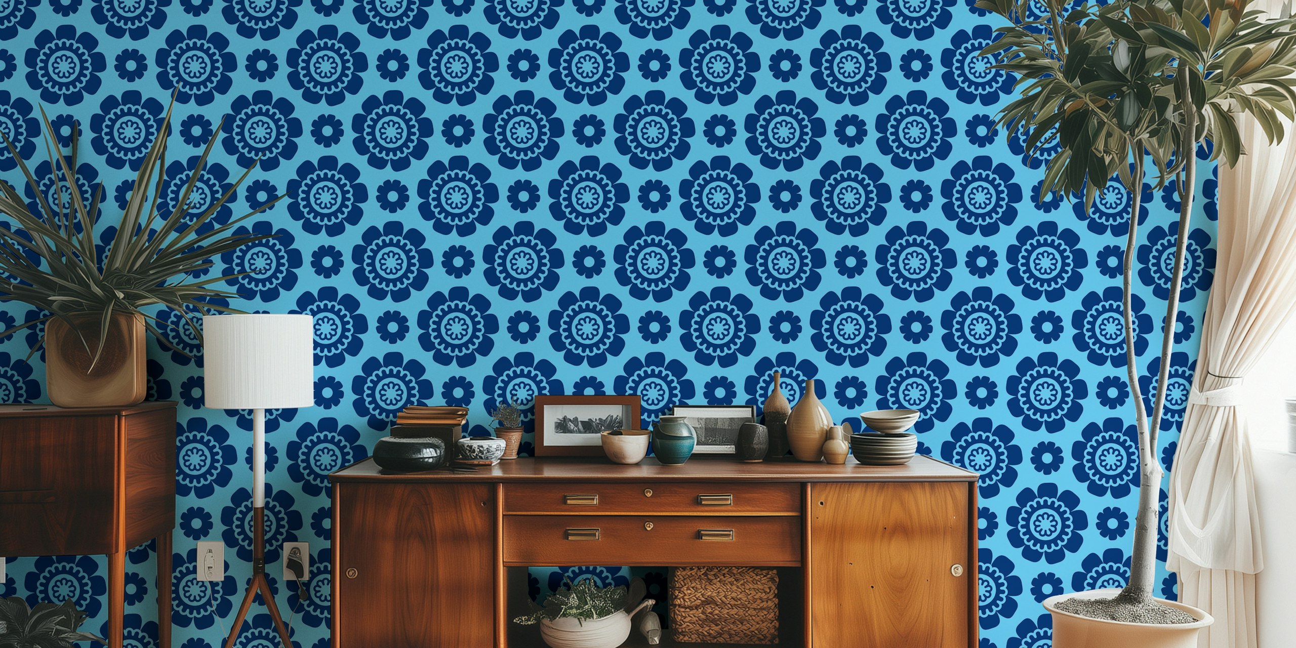 Blue floral daisy pattern wallpaper with bold shapes