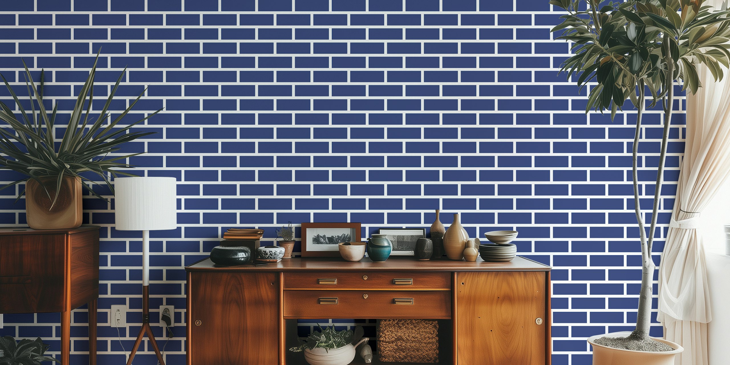 Dark blue brick wallpaper σε ένα δωμάτιο
