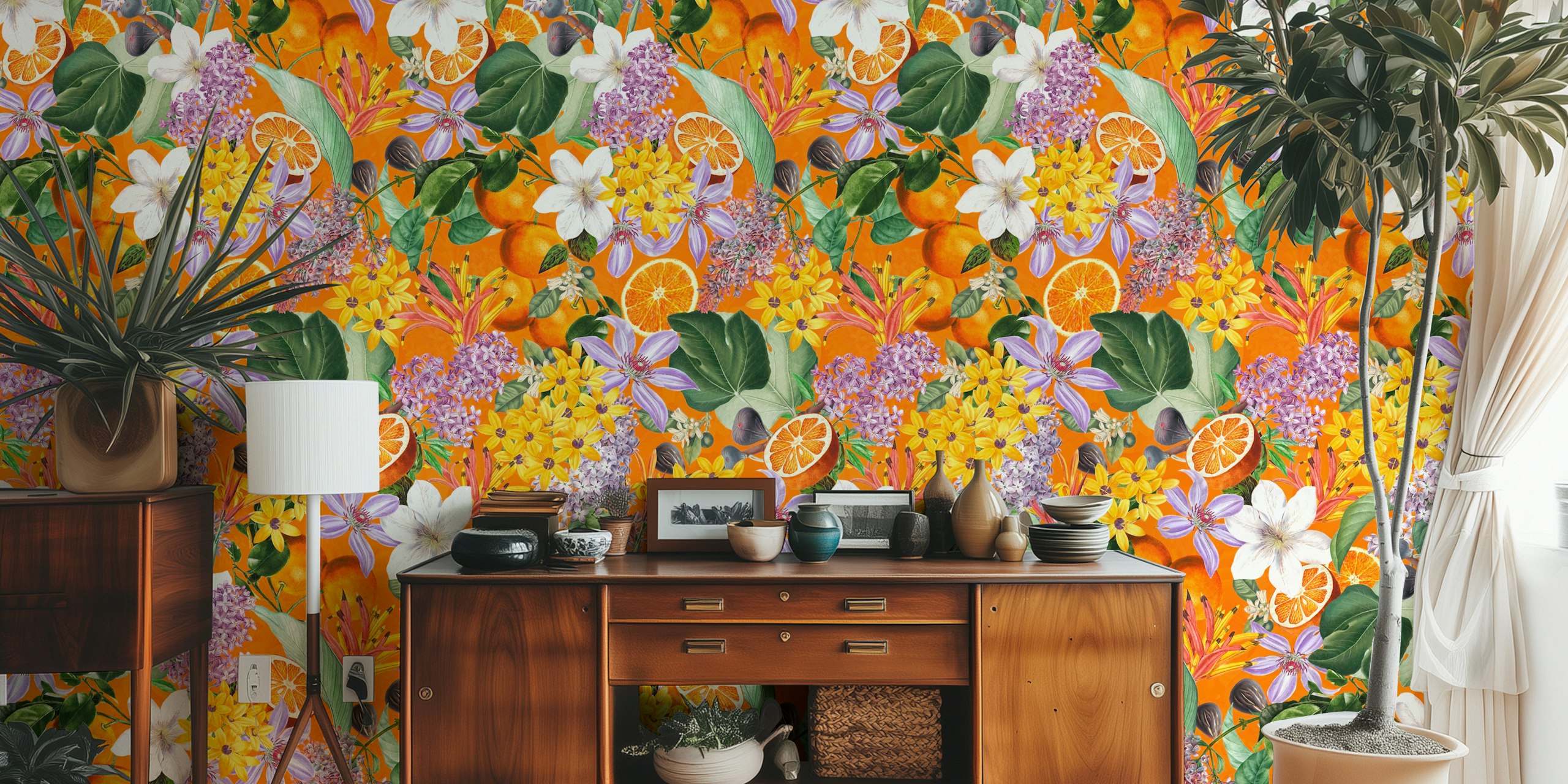 Tropical fruit and flowers vintage jungle wallpaper