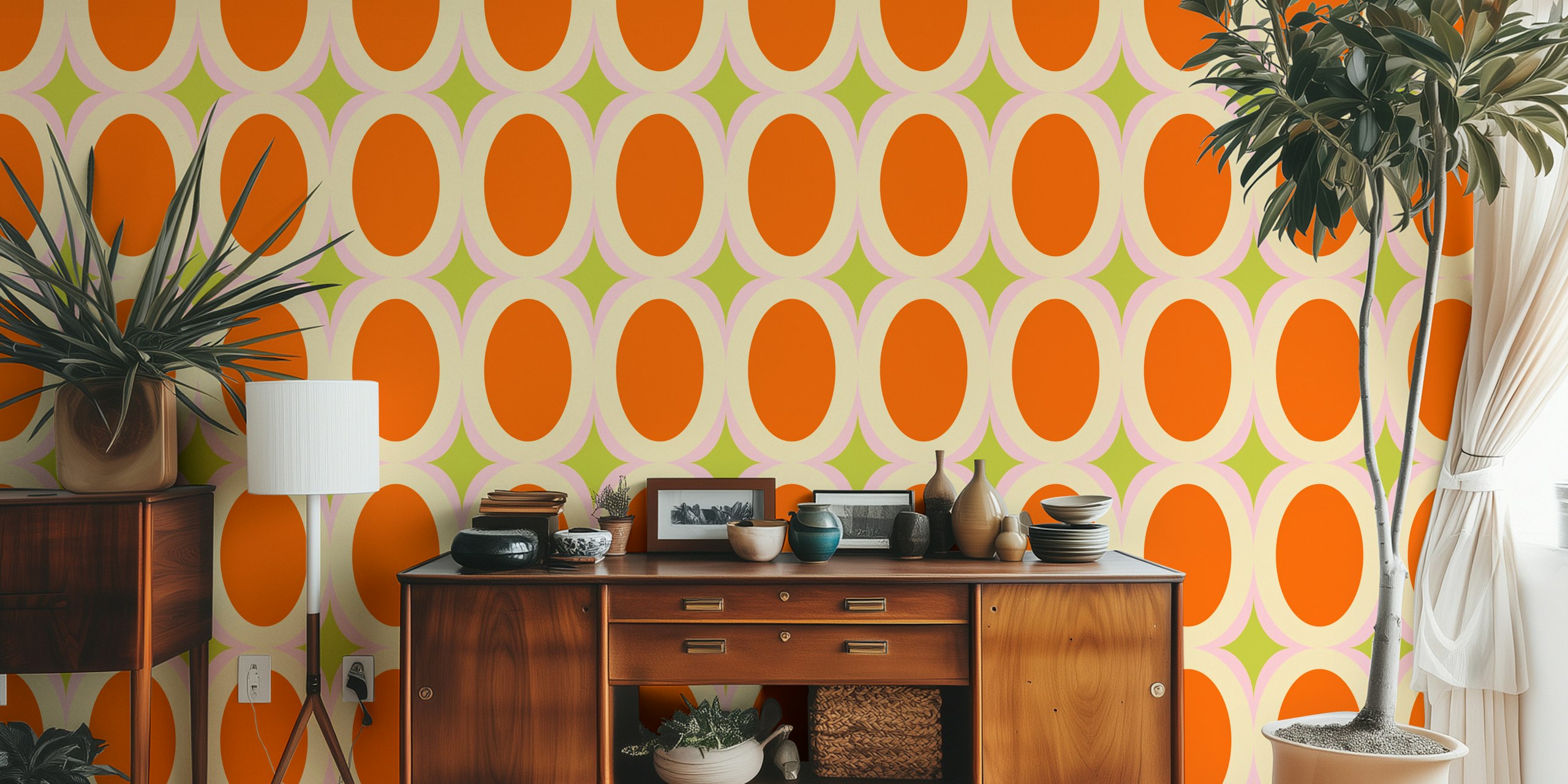 Ταπετσαρία Groovy Starburst Orange Beige σε ένα δωμάτιο