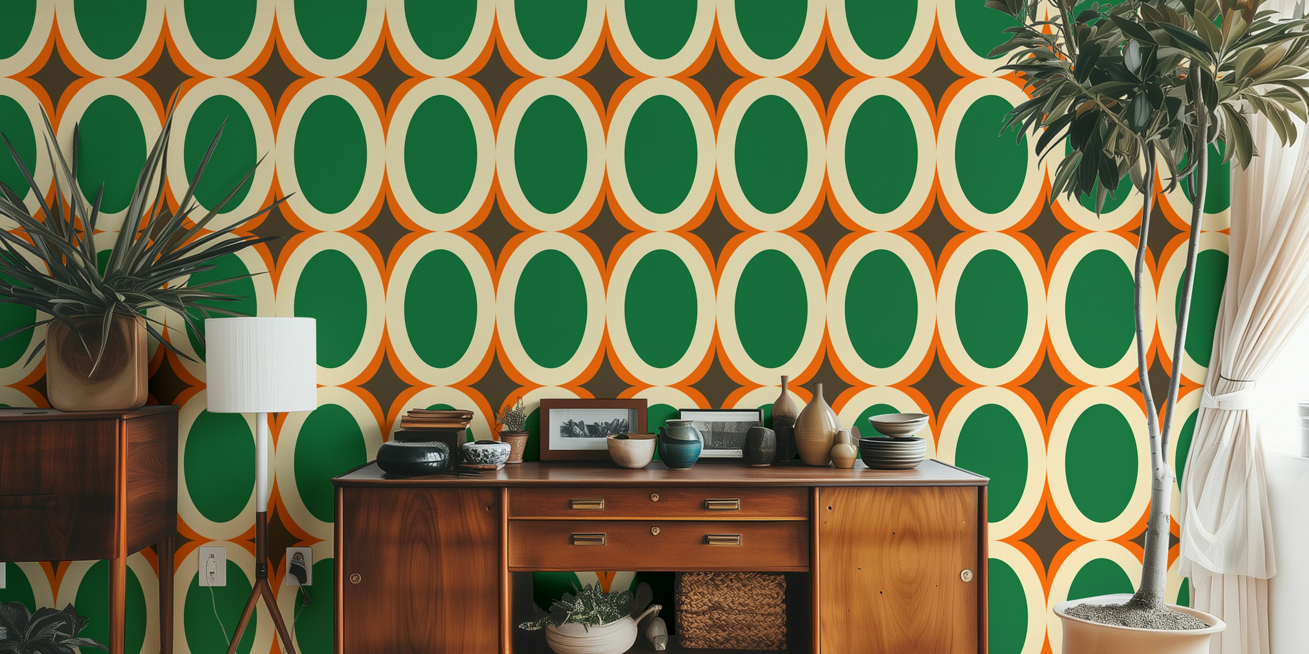 Groovy Starburst Green Orange wallpaper in a room