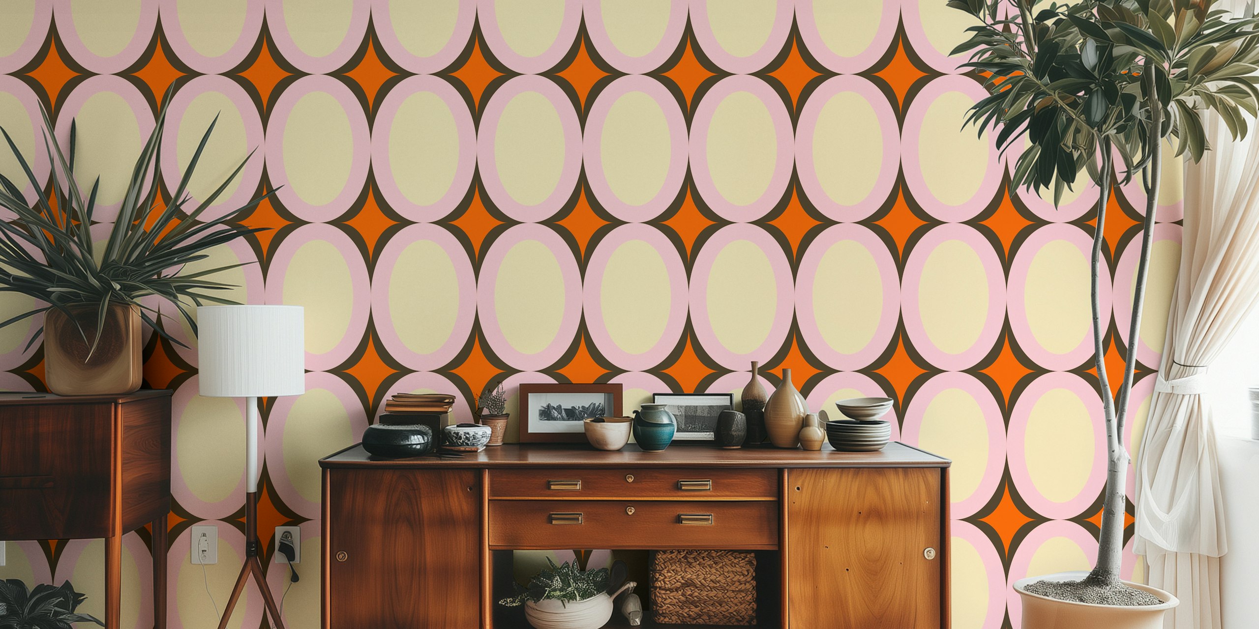 Groovy Starburst Beige Pink wallpaper in a room