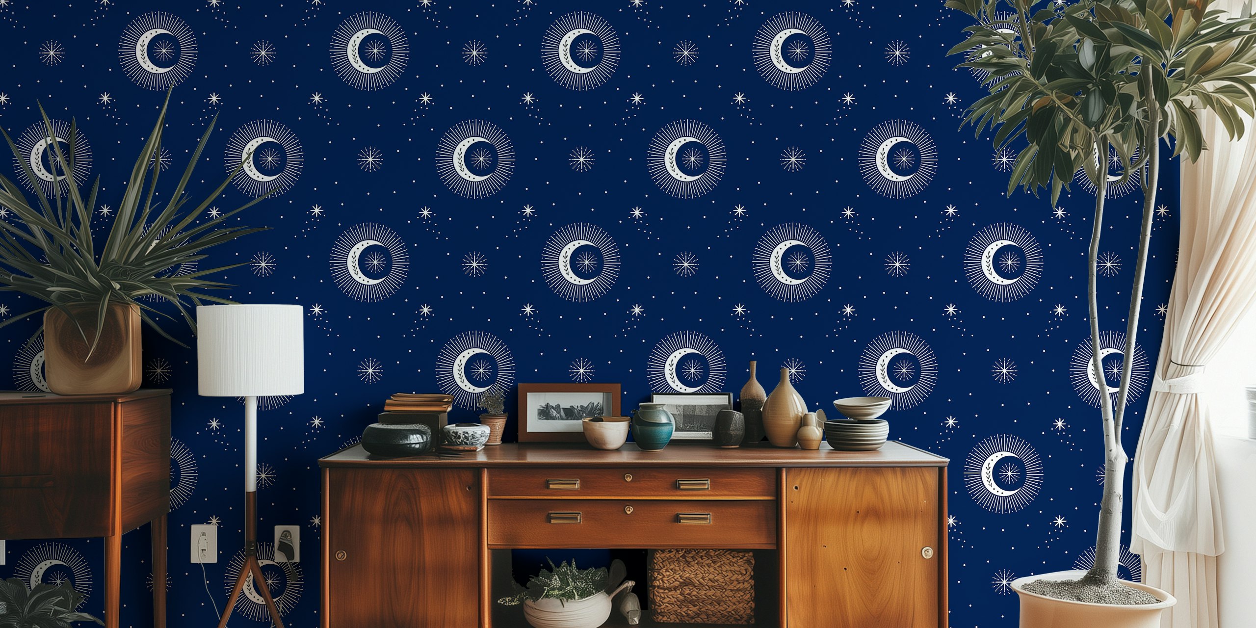 Moon and stars -tapettisuunnittelu huoneessa