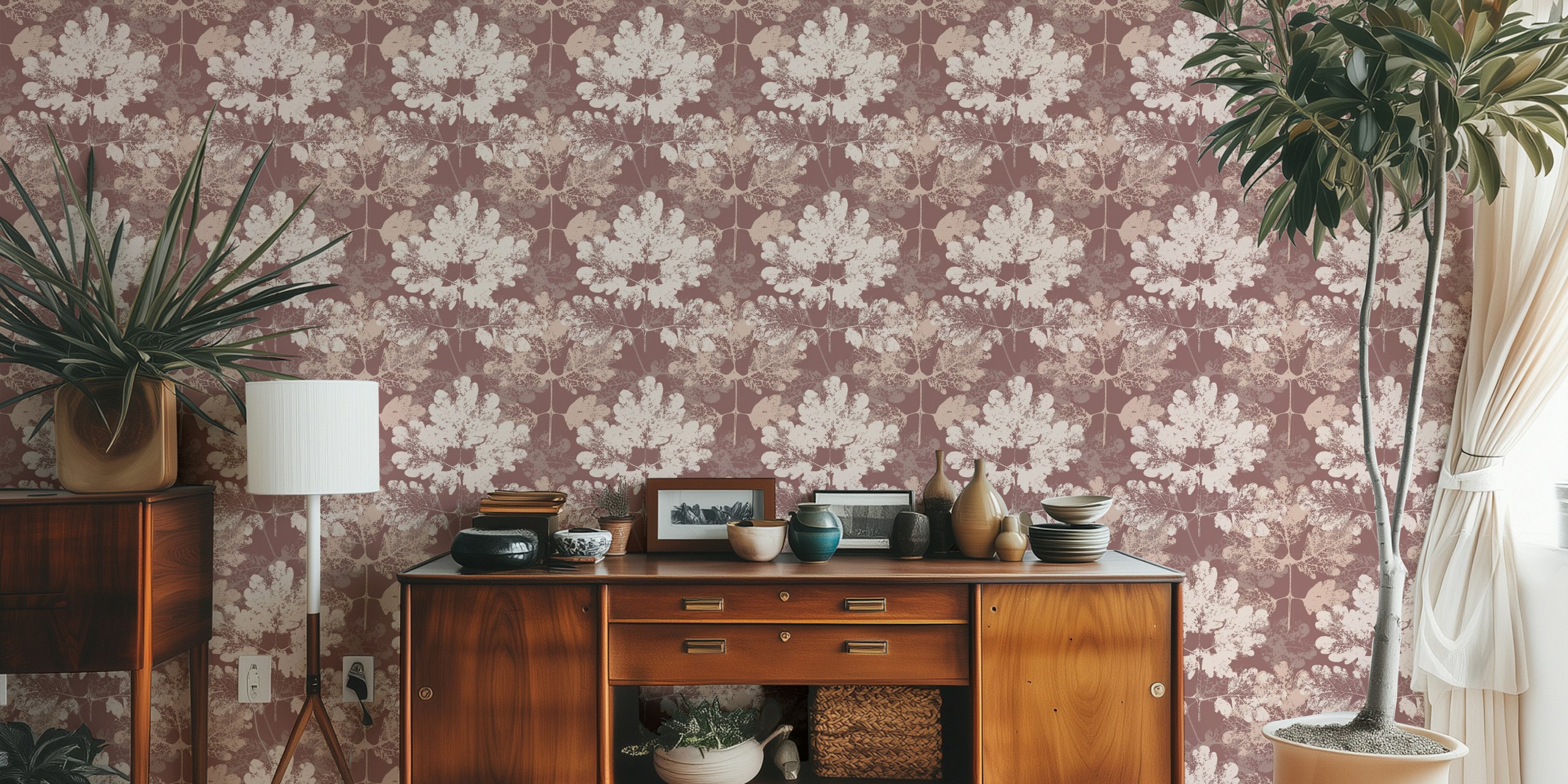Botanical leaf pattern in soft pink tones wallpaper