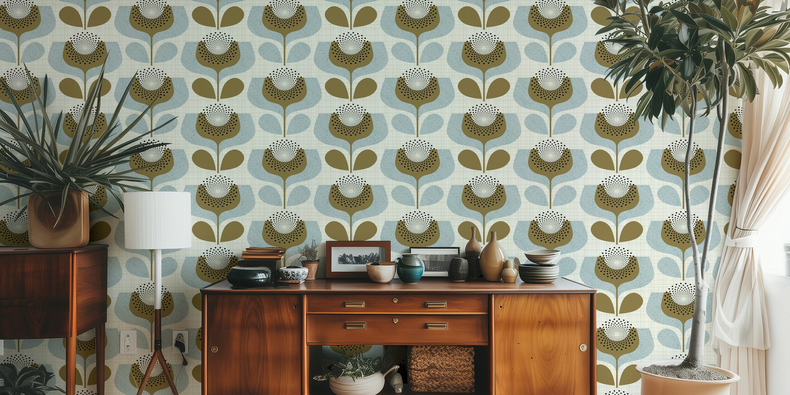Mid century floral design featuring blue and brown abstract blooms wallpaper