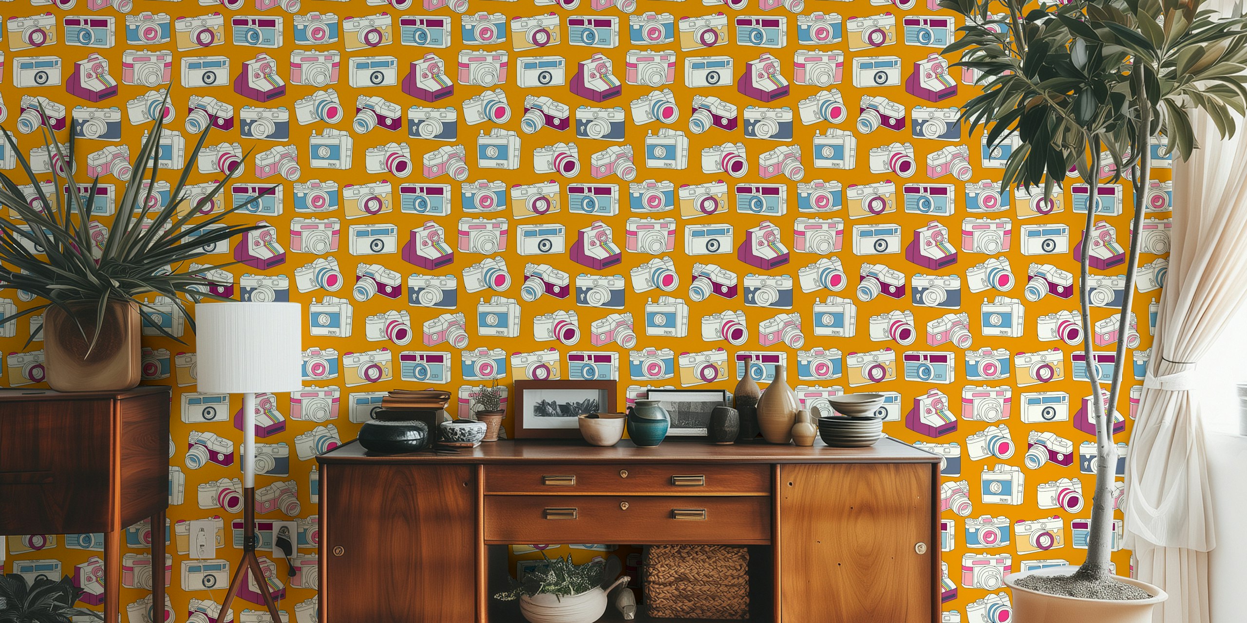 Vintage Cameras behang in een kamersetting