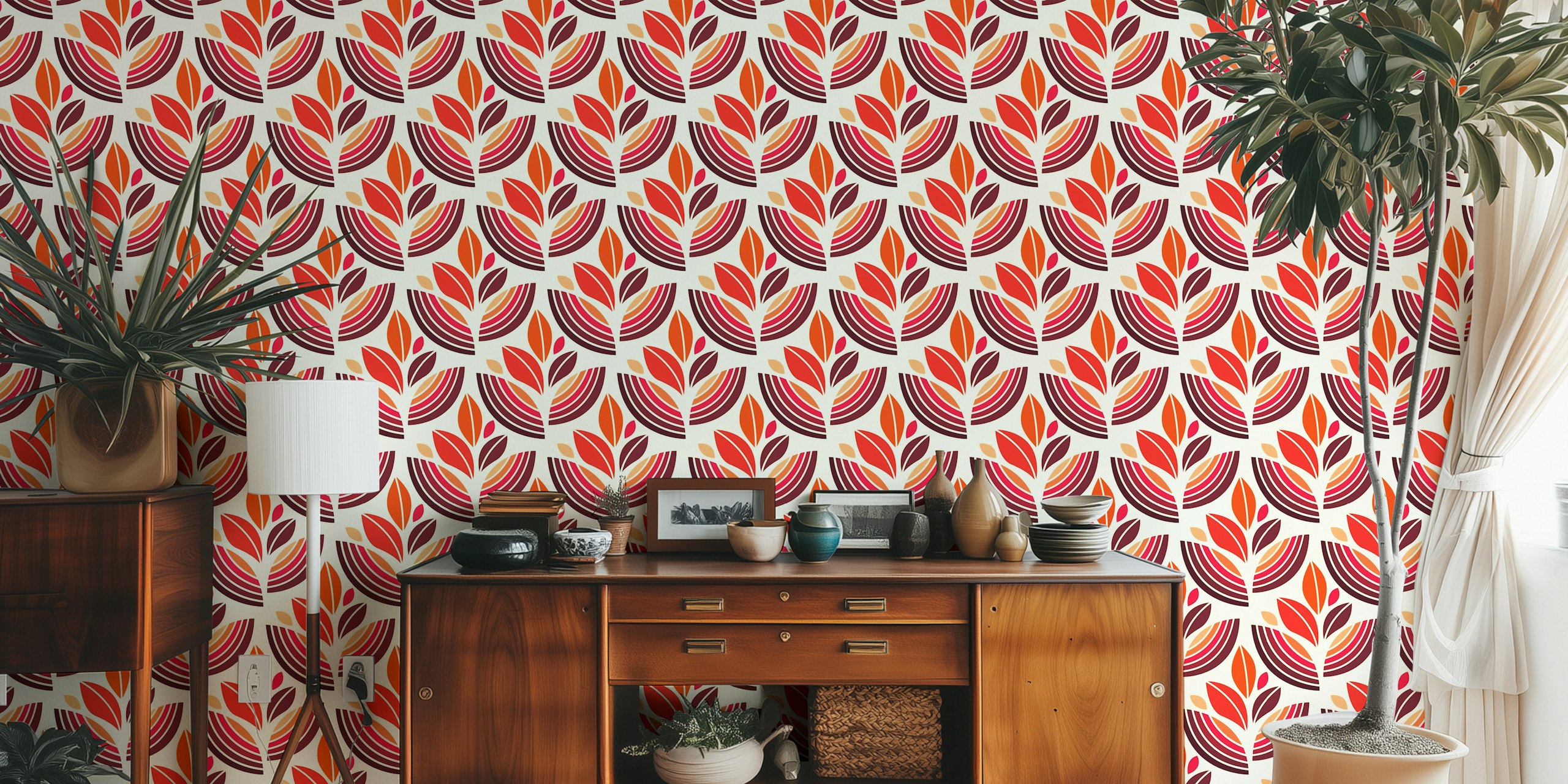 Orange and red floral pattern with curved leaves wallpaper
