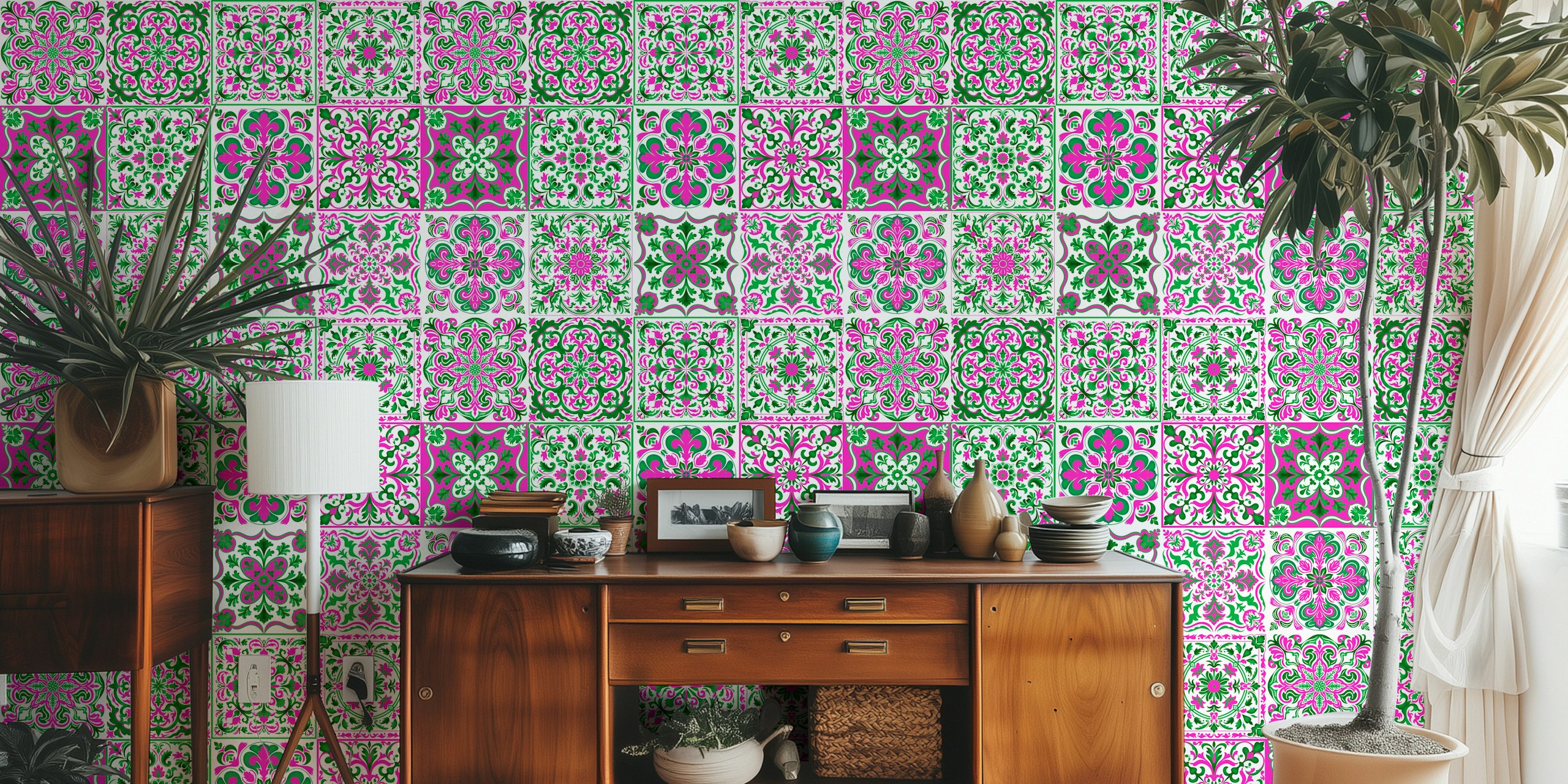 Azulejos Cerâmicos Mistos 7 - Mural de parede rosa e verde com desenhos florais e padrões simétricos
