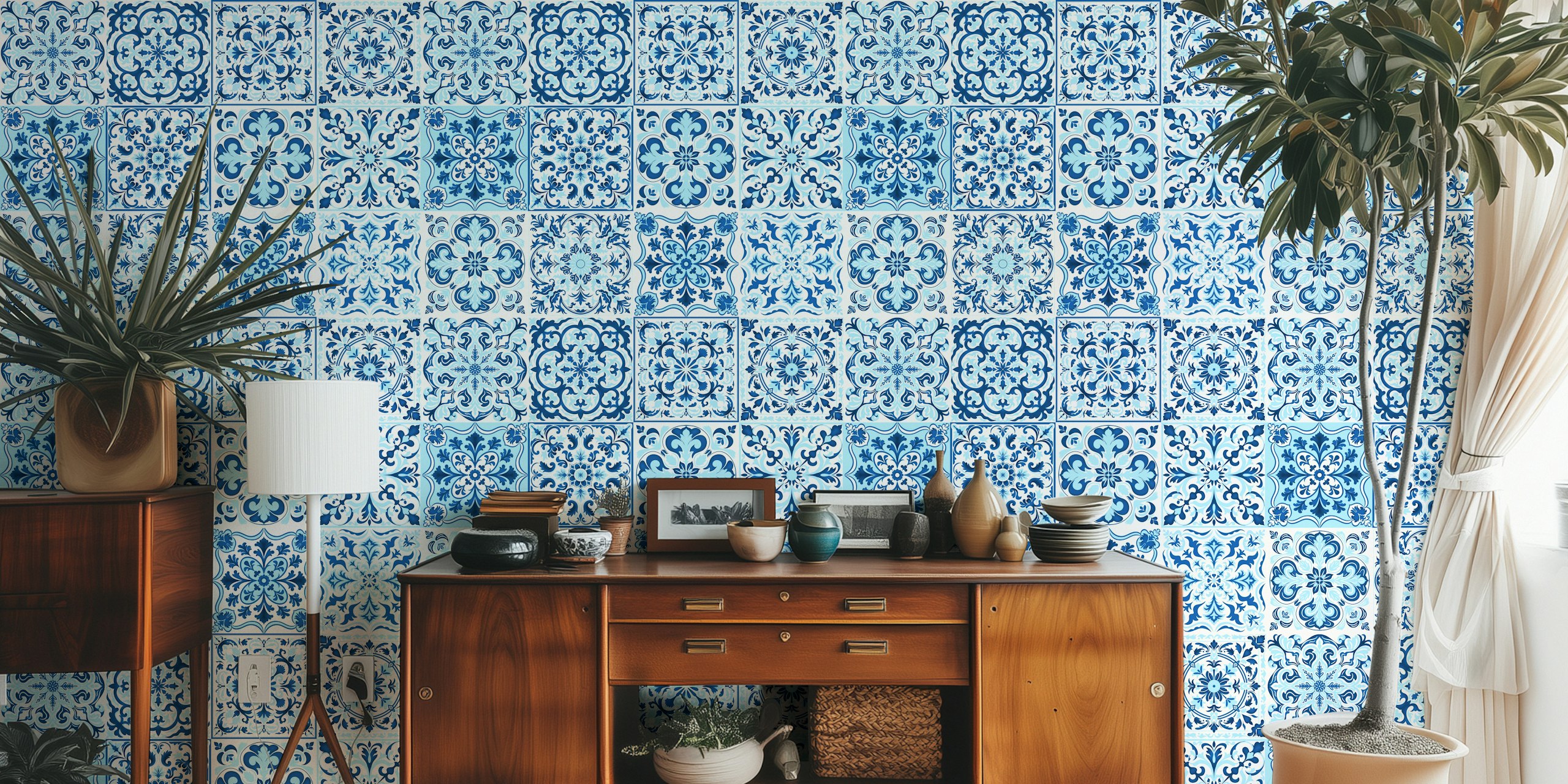 Mixed ceramic tiles blue wallpaper design