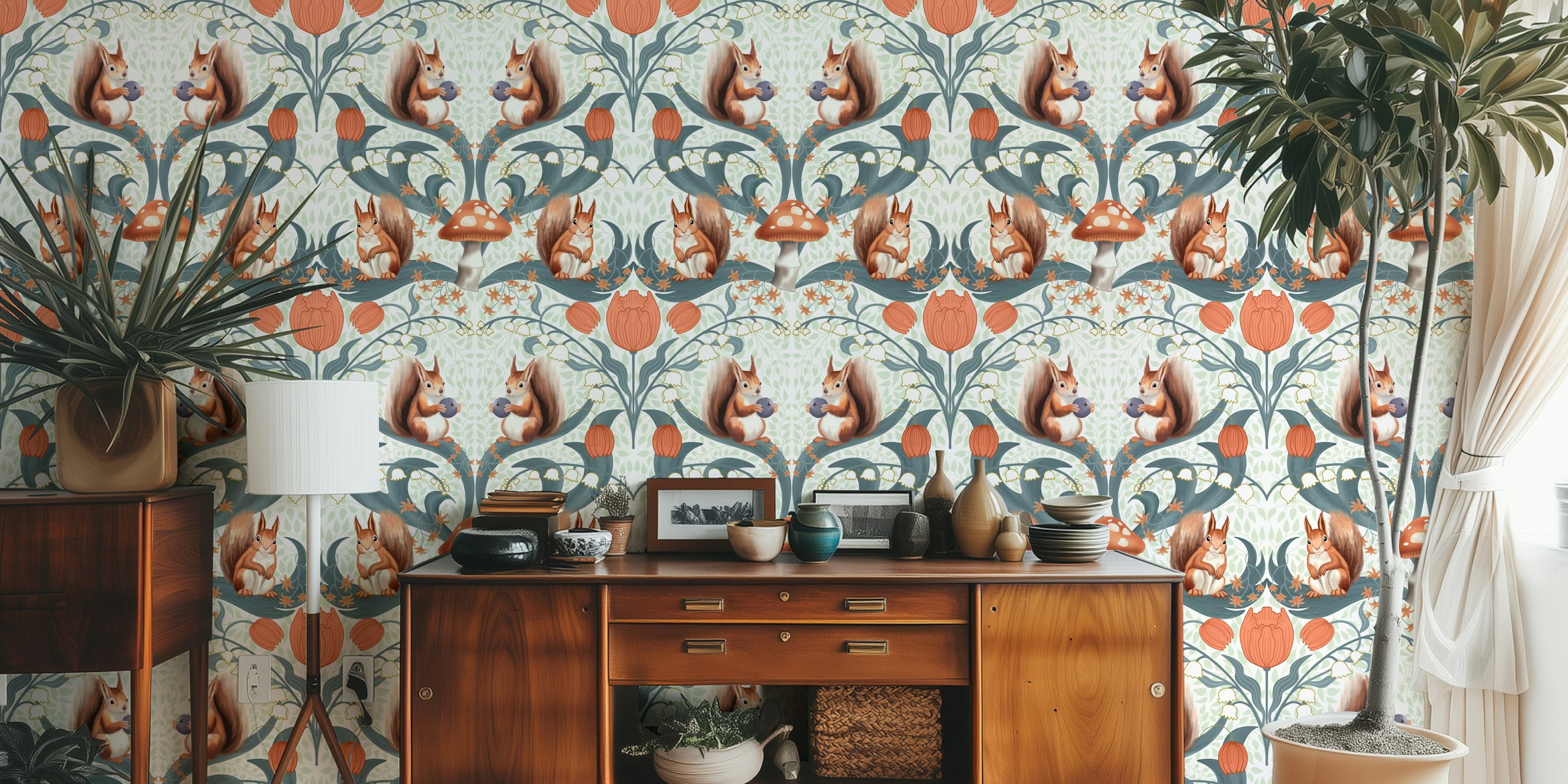 Squirrel and floral pattern in soft tones wallpaper