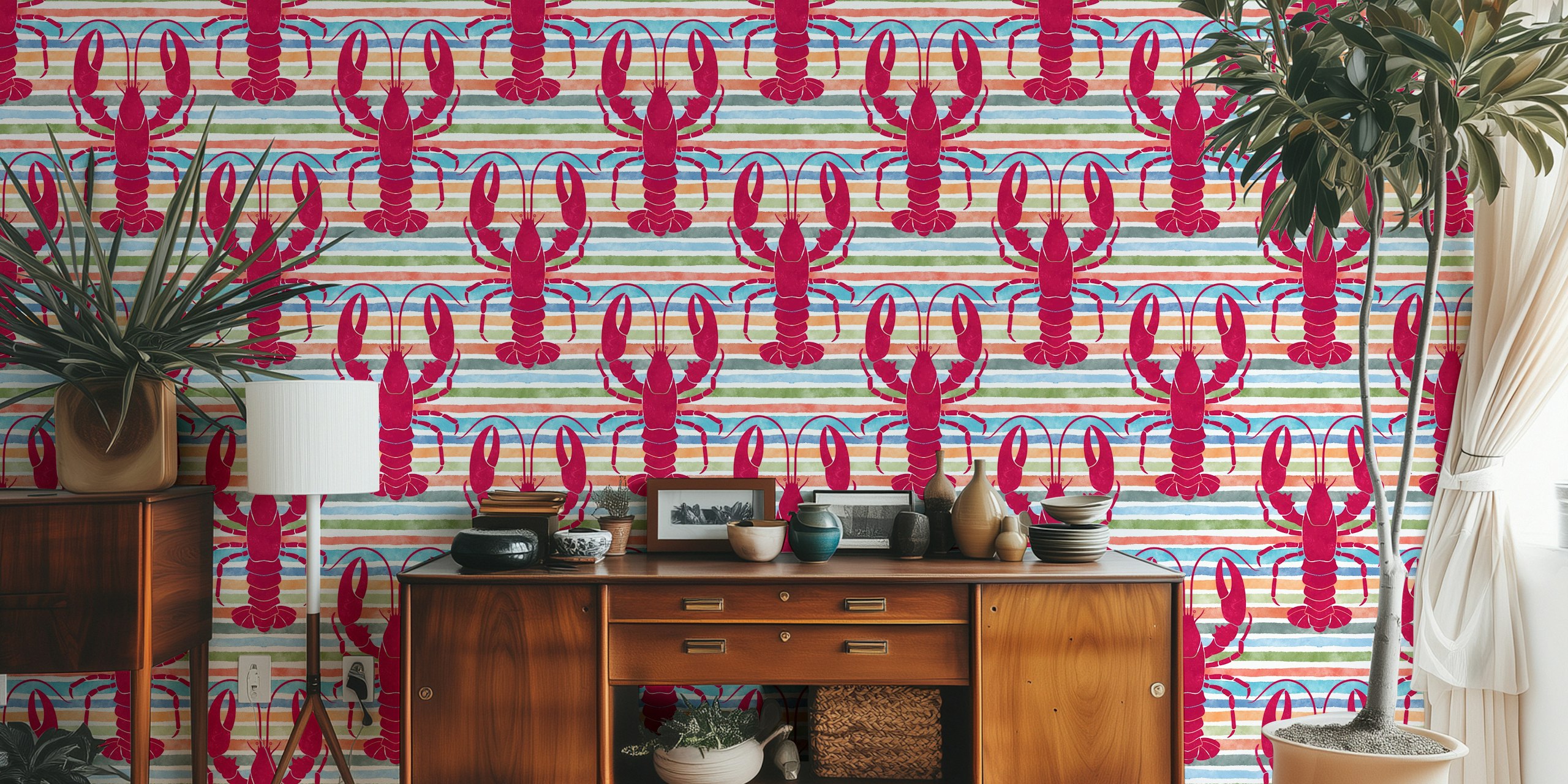 Langostas magenta juguetonas en un papel tapiz con rayas coloridas para una vibra divertida en el interior