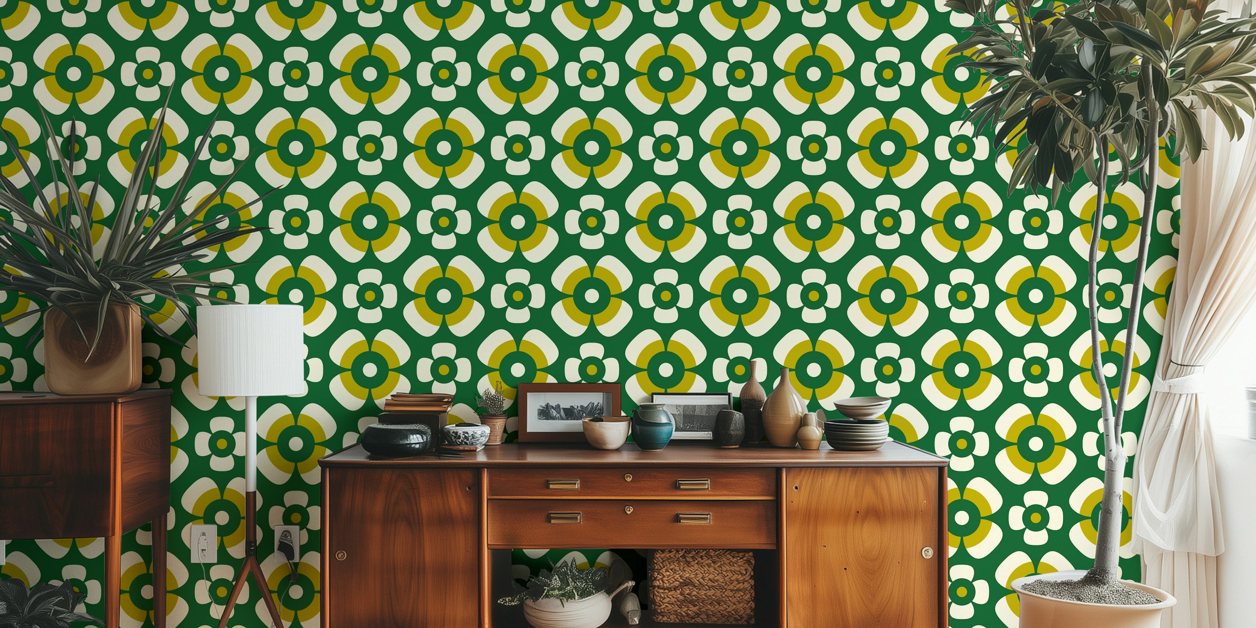 Retro daisies wallpaper design in green